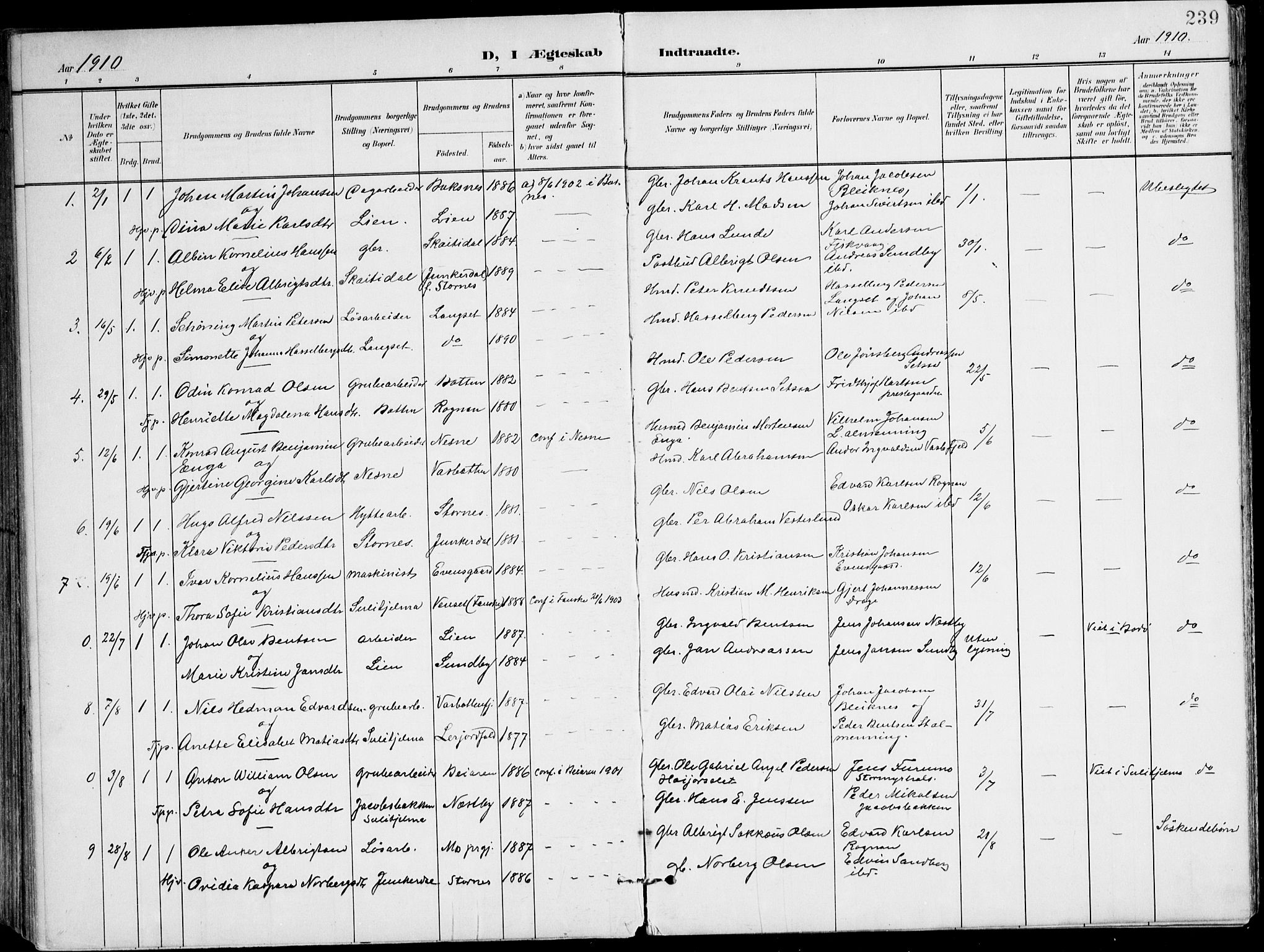 Ministerialprotokoller, klokkerbøker og fødselsregistre - Nordland, SAT/A-1459/847/L0672: Parish register (official) no. 847A12, 1902-1919, p. 239