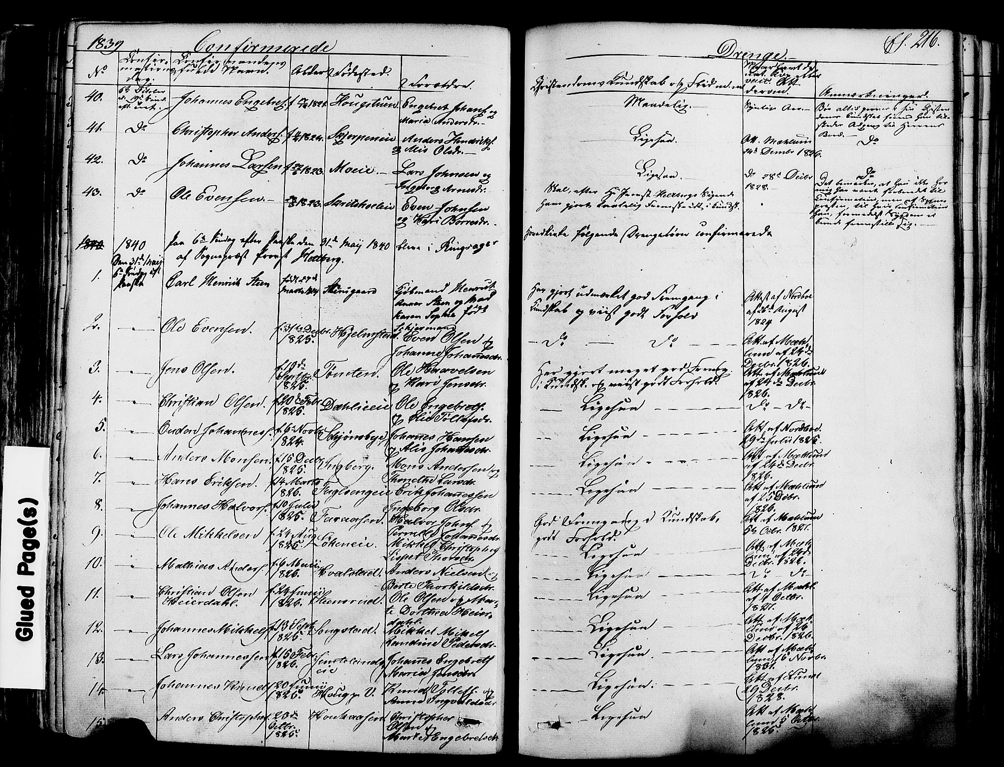 Ringsaker prestekontor, SAH/PREST-014/K/Ka/L0008: Parish register (official) no. 8, 1837-1850, p. 216