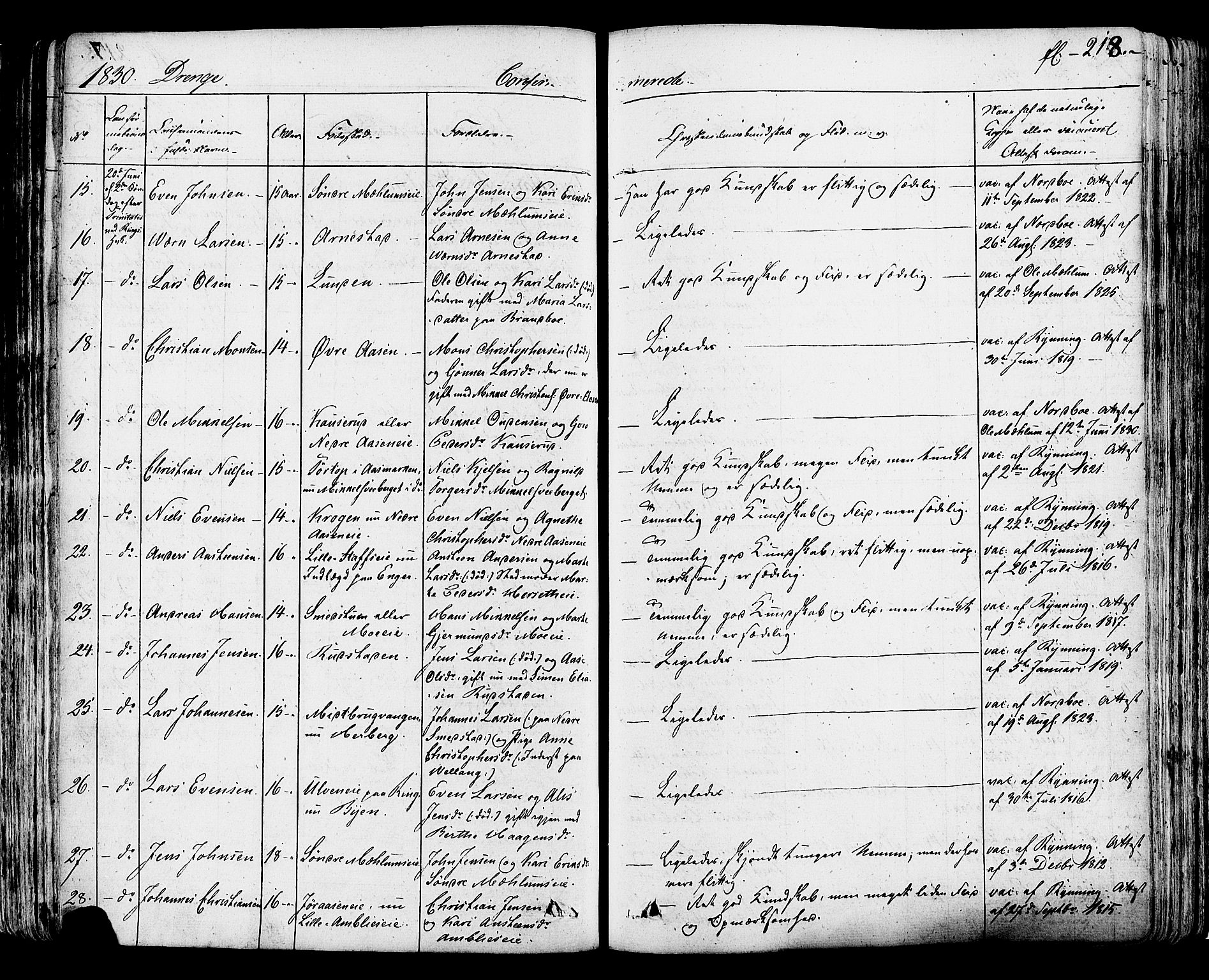 Ringsaker prestekontor, AV/SAH-PREST-014/K/Ka/L0007: Parish register (official) no. 7A, 1826-1837, p. 218