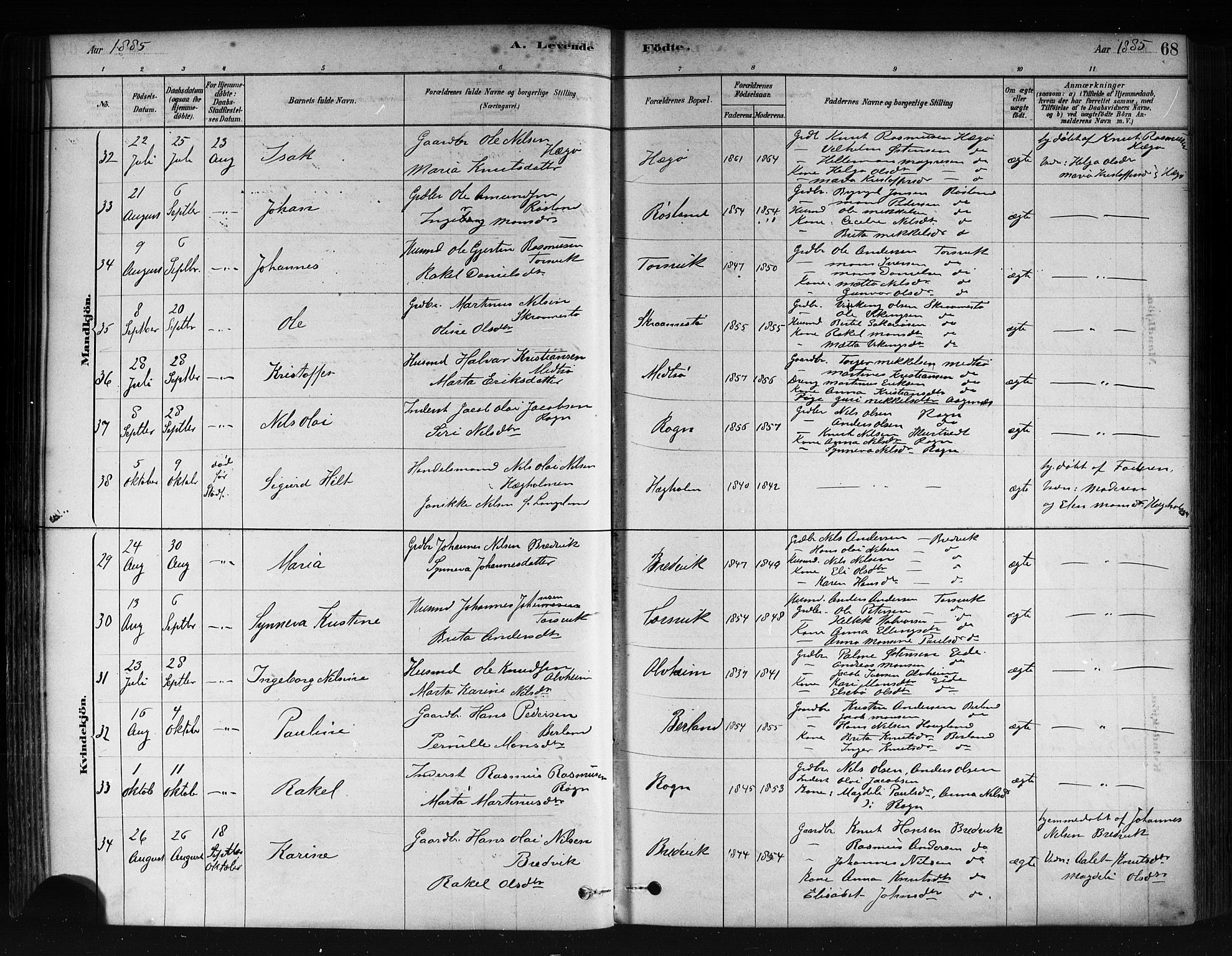 Herdla Sokneprestembete, AV/SAB-A-75701/H/Haa: Parish register (official) no. A 3, 1878-1890, p. 68