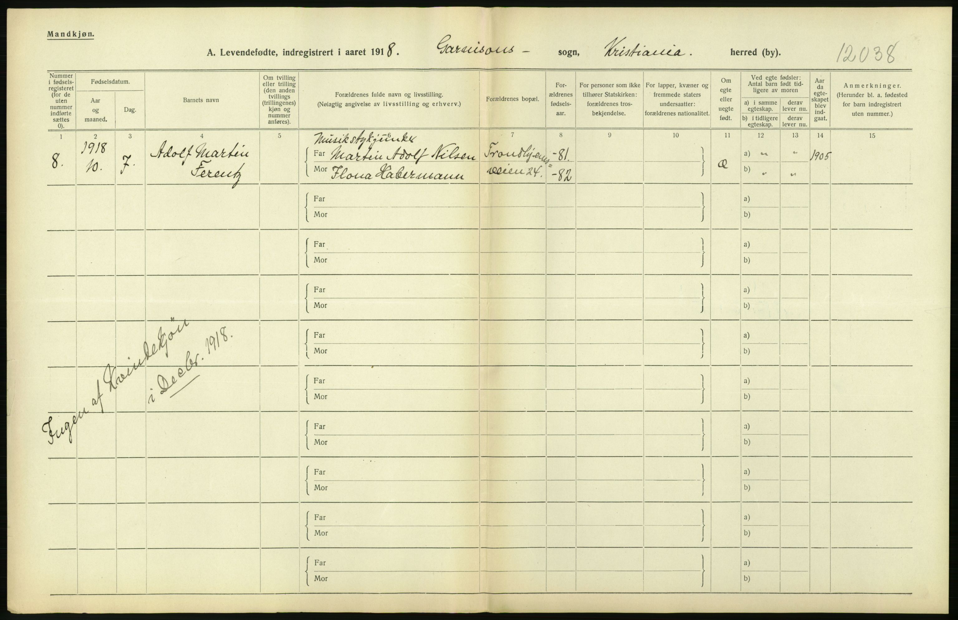 Statistisk sentralbyrå, Sosiodemografiske emner, Befolkning, AV/RA-S-2228/D/Df/Dfb/Dfbh/L0008: Kristiania: Levendefødte menn og kvinner., 1918, p. 230