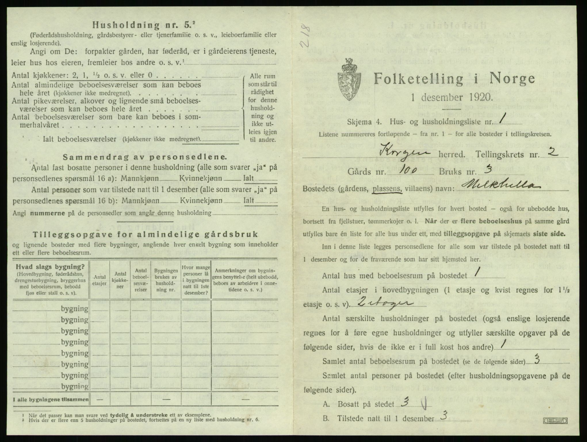 SAT, 1920 census for Korgen, 1920, p. 100