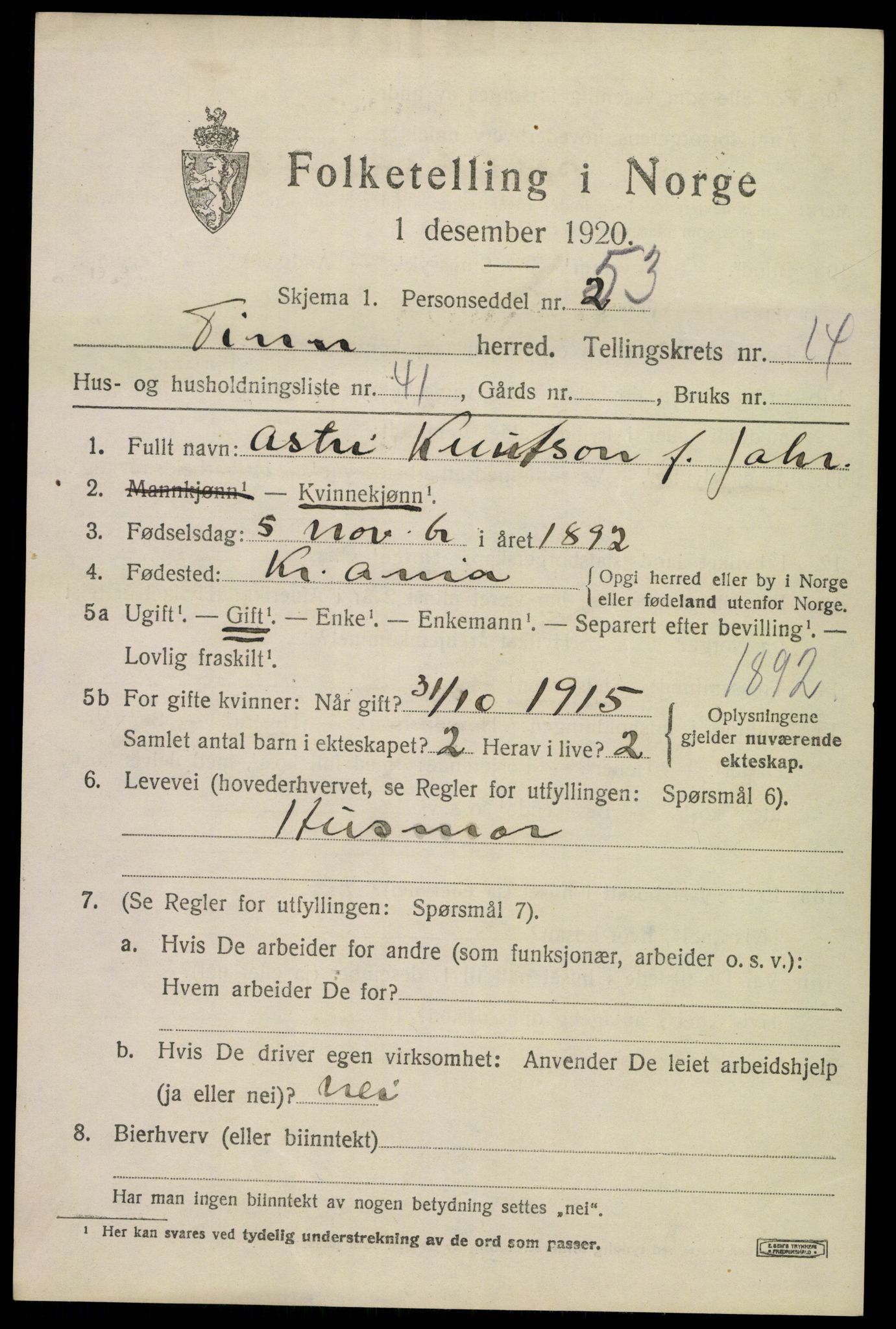 SAKO, 1920 census for Tinn, 1920, p. 9908