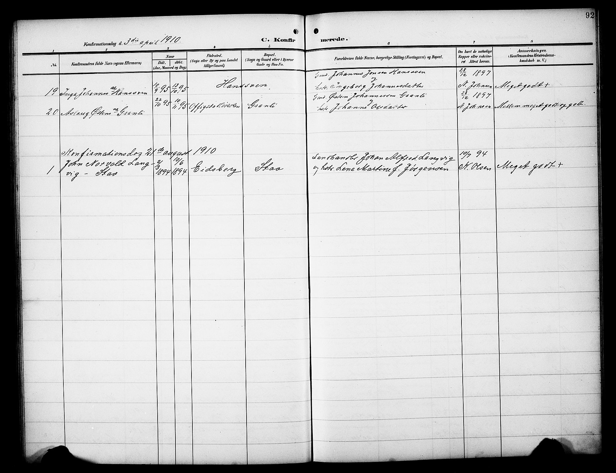 Øyer prestekontor, SAH/PREST-084/H/Ha/Hab/L0006: Parish register (copy) no. 6, 1906-1929, p. 92