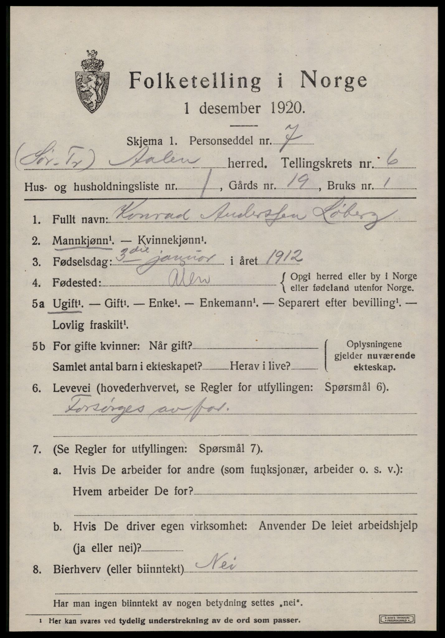 SAT, 1920 census for Ålen, 1920, p. 2928