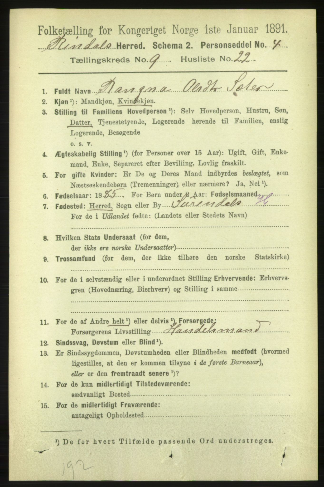 RA, 1891 census for 1567 Rindal, 1891, p. 3021