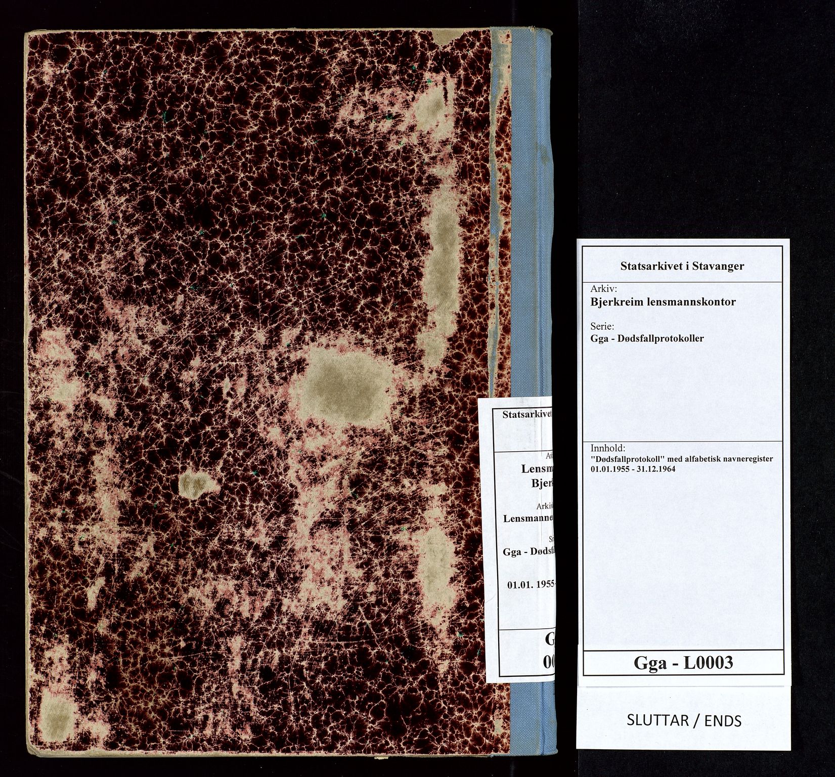 Bjerkreim lensmannskontor, AV/SAST-A-100090/Gga/L0003: "Dødsfallprotokoll" med alfabetisk navneregister, 1955-1964