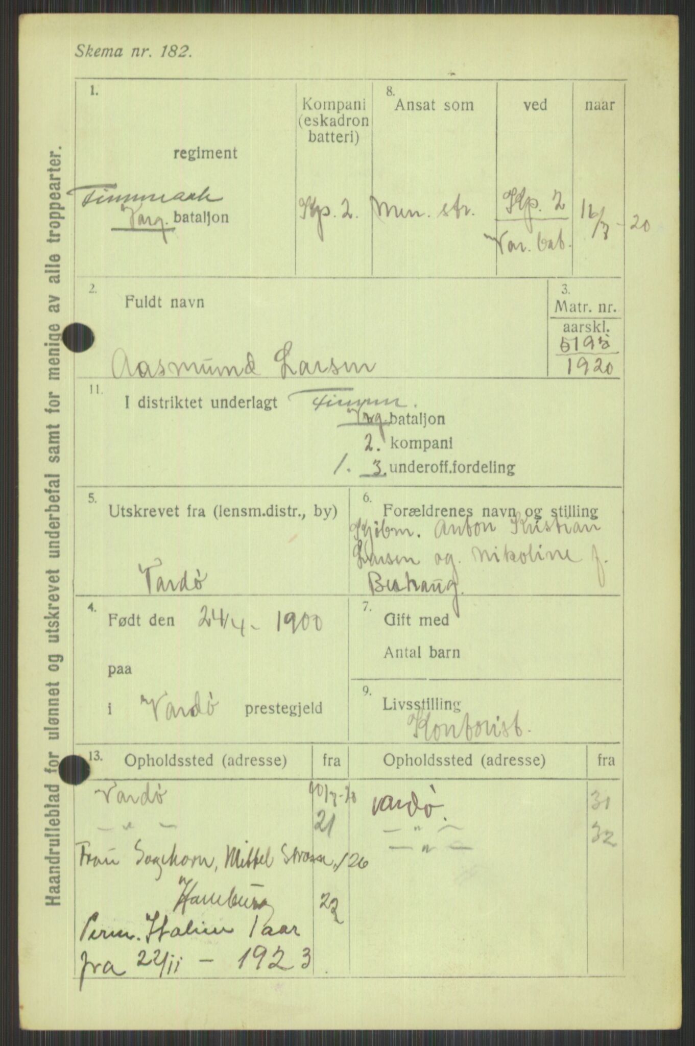 Forsvaret, Varanger bataljon, AV/RA-RAFA-2258/1/D/L0440: Rulleblad for fødte 1892-1912, 1892-1912, p. 517