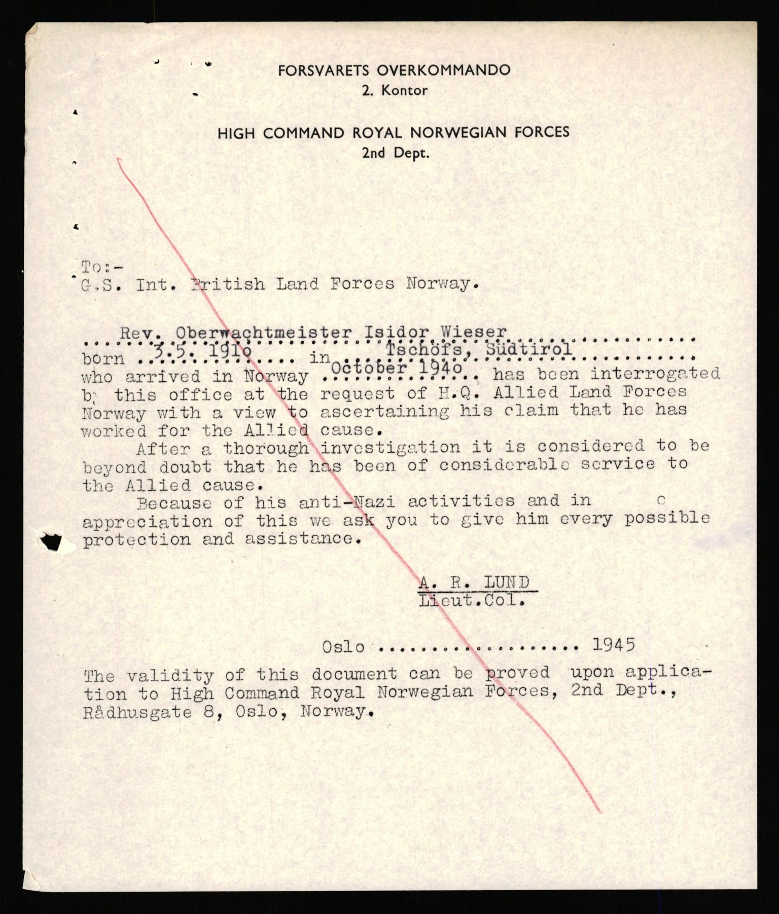 Forsvaret, Forsvarets overkommando II, RA/RAFA-3915/D/Db/L0040: CI Questionaires. Tyske okkupasjonsstyrker i Norge. Østerrikere., 1945-1946, p. 421