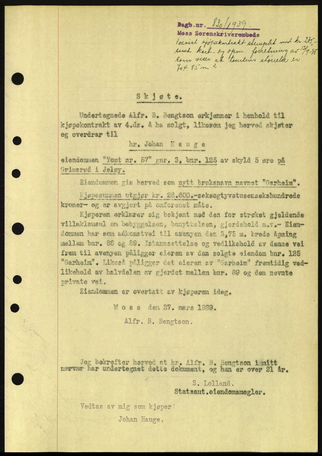 Moss sorenskriveri, SAO/A-10168: Mortgage book no. A5, 1938-1939, Diary no: : 830/1939