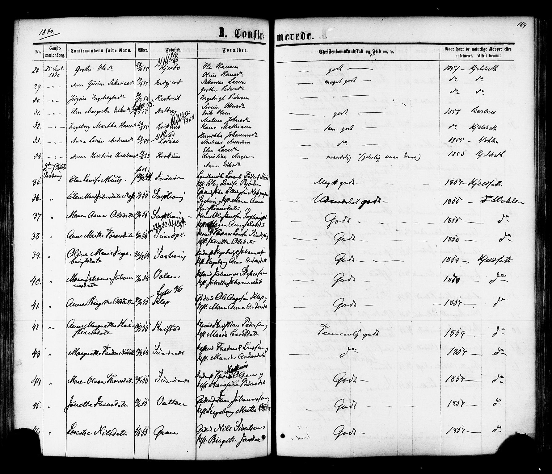 Ministerialprotokoller, klokkerbøker og fødselsregistre - Nord-Trøndelag, AV/SAT-A-1458/730/L0284: Parish register (official) no. 730A09, 1866-1878, p. 164