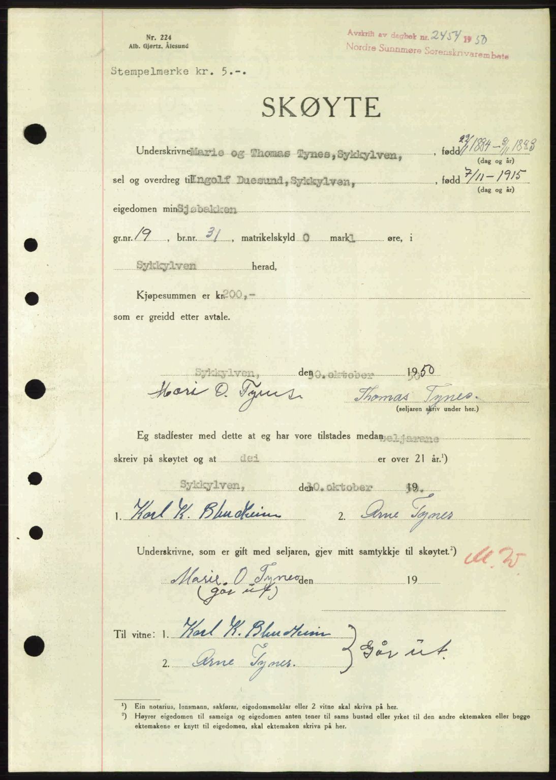 Nordre Sunnmøre sorenskriveri, AV/SAT-A-0006/1/2/2C/2Ca: Mortgage book no. A36, 1950-1950, Diary no: : 2454/1950