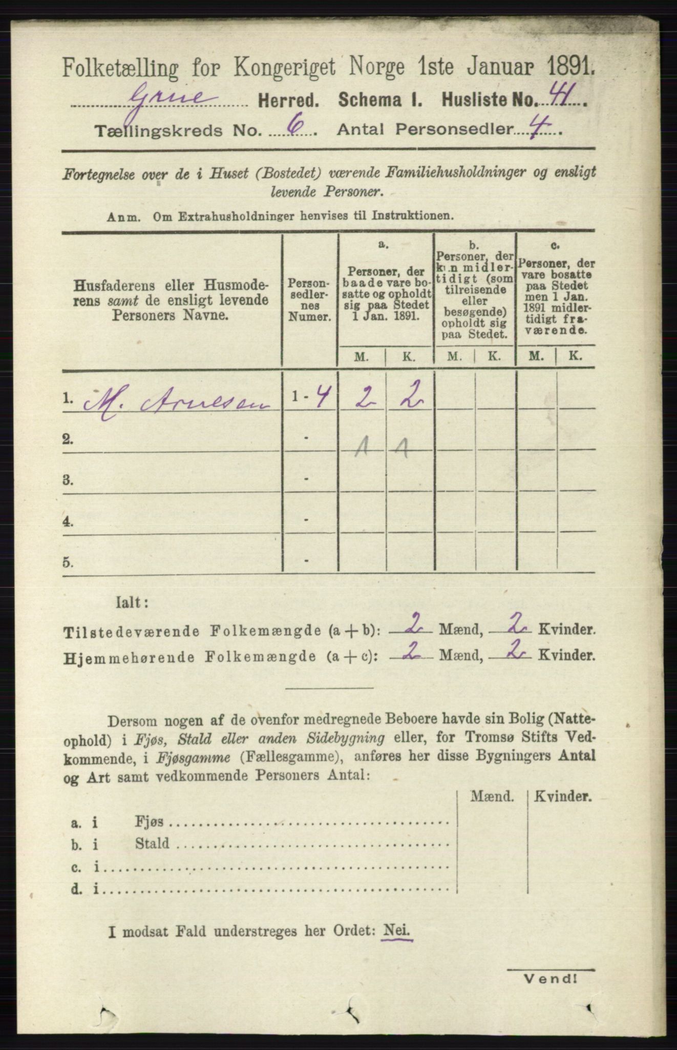 RA, 1891 census for 0423 Grue, 1891, p. 3228