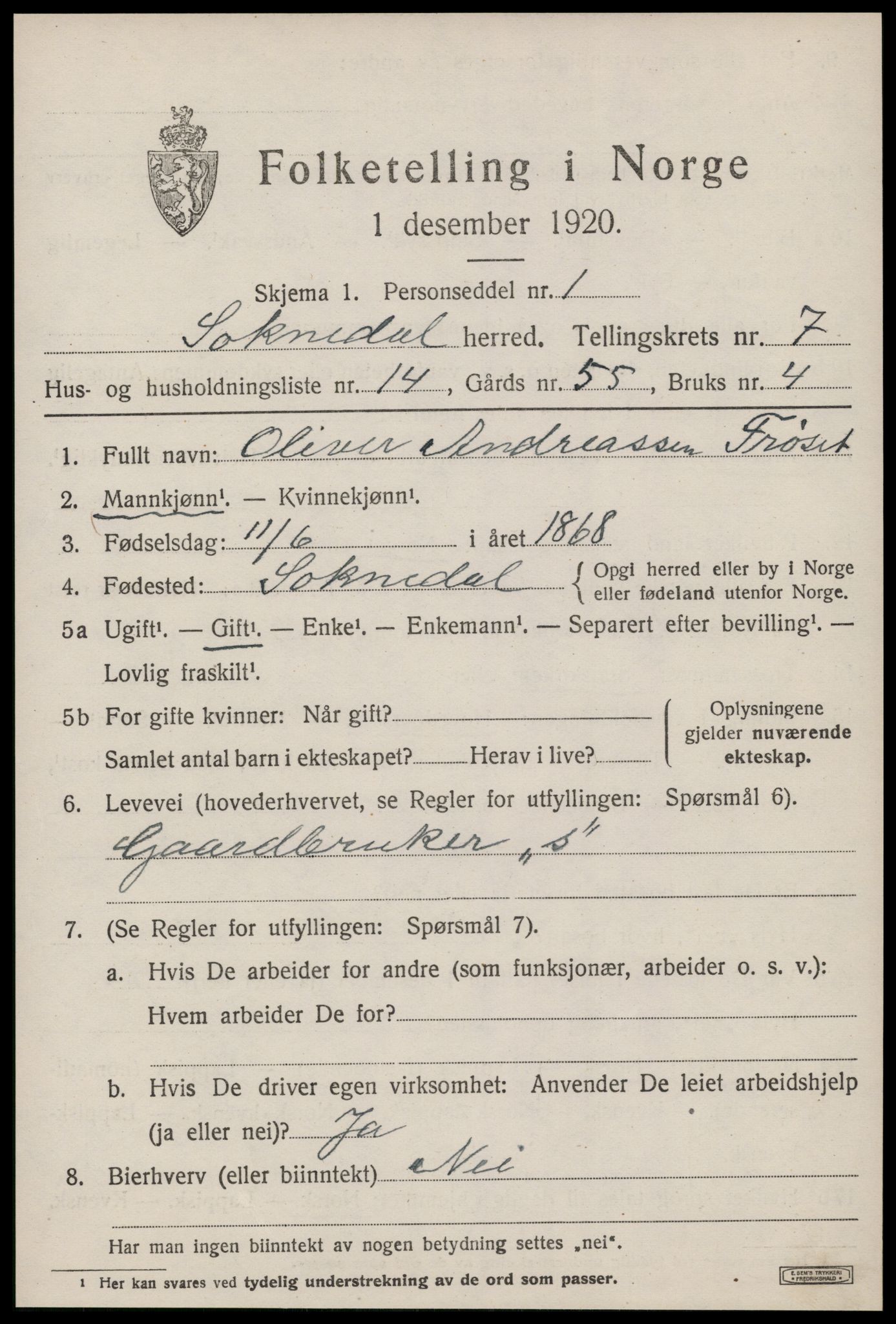 SAT, 1920 census for Soknedal, 1920, p. 3586