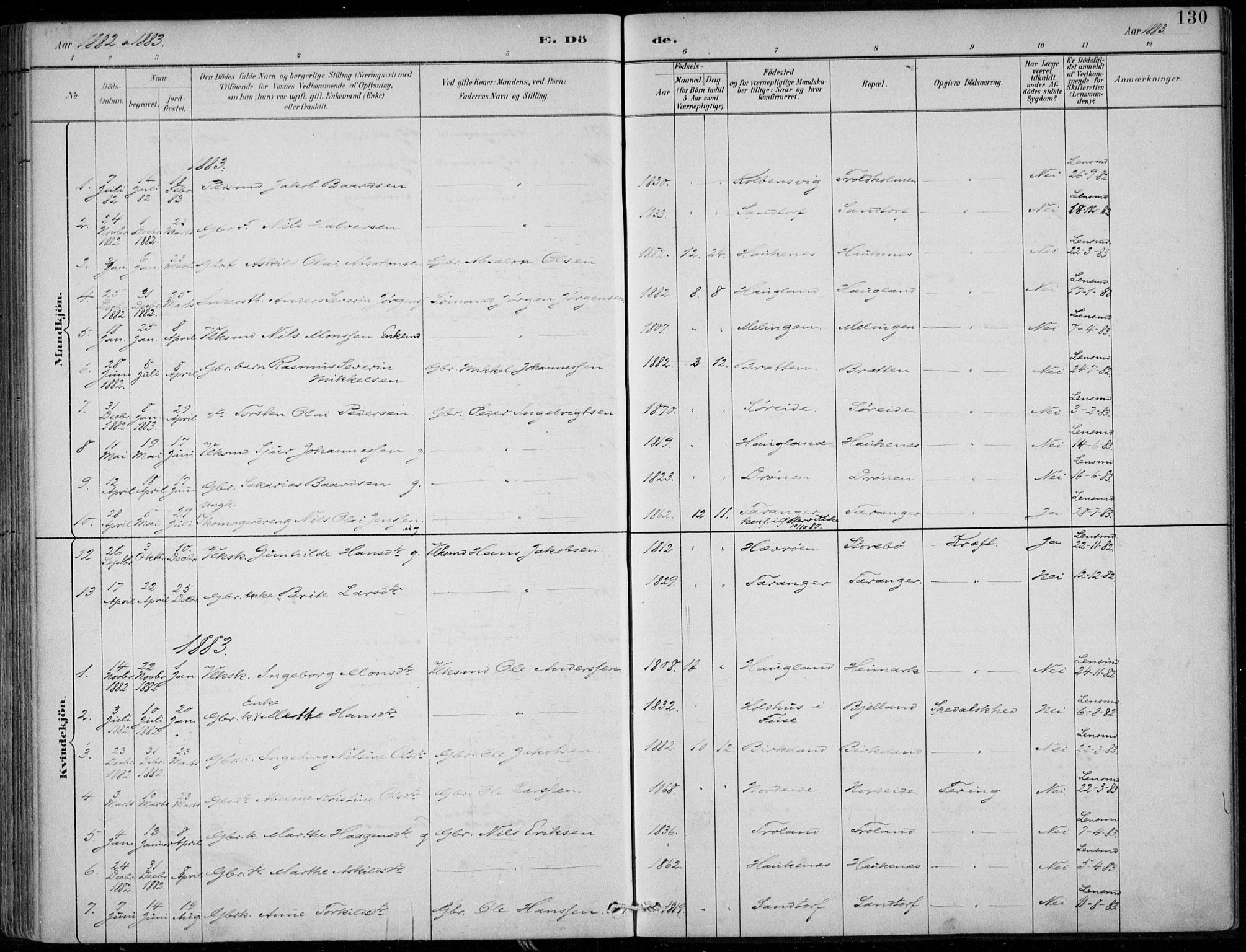 Sund sokneprestembete, SAB/A-99930: Parish register (official) no. C  1, 1882-1899, p. 130