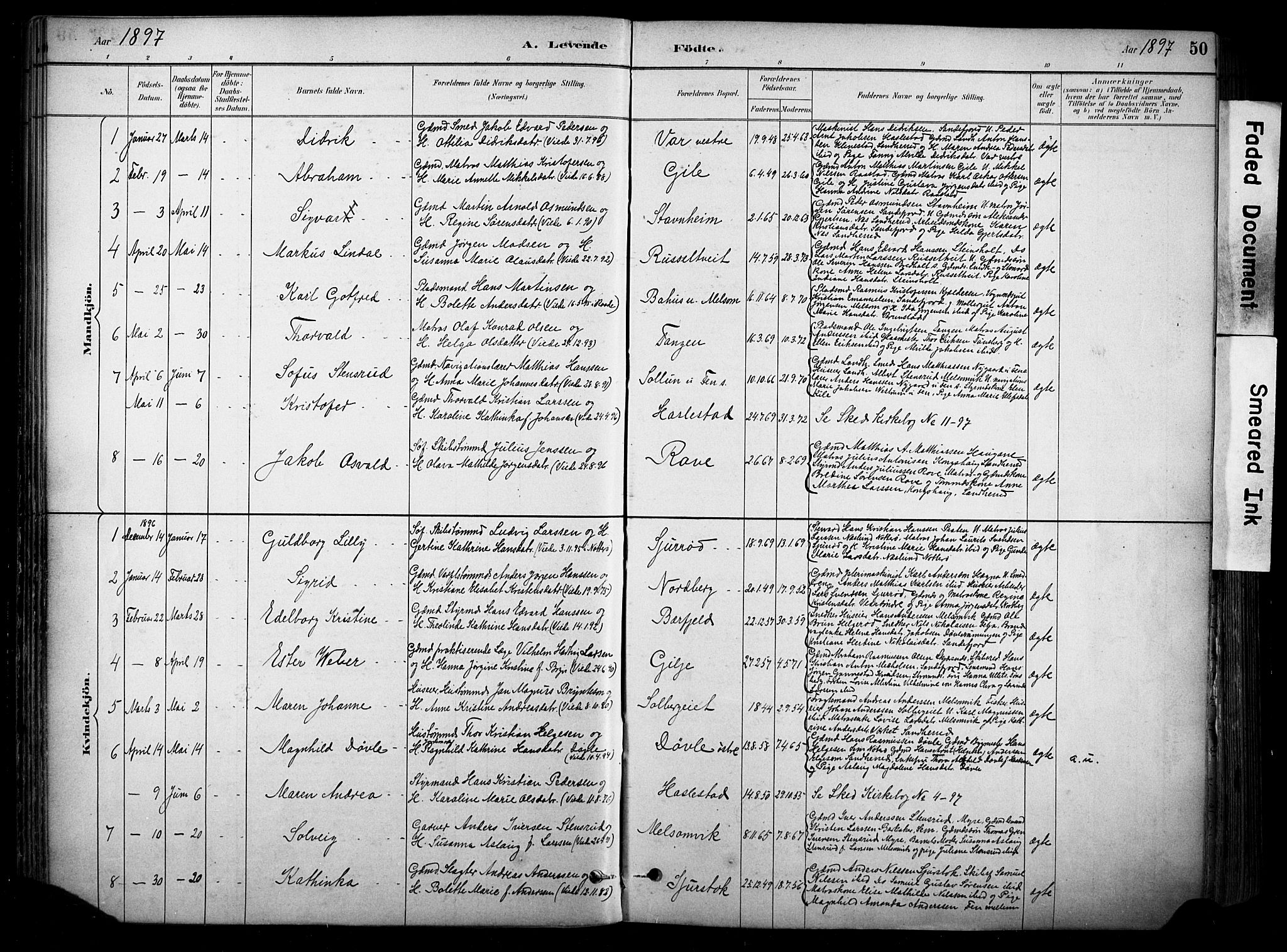 Stokke kirkebøker, SAKO/A-320/F/Fa/L0010: Parish register (official) no. I 10, 1884-1903, p. 50