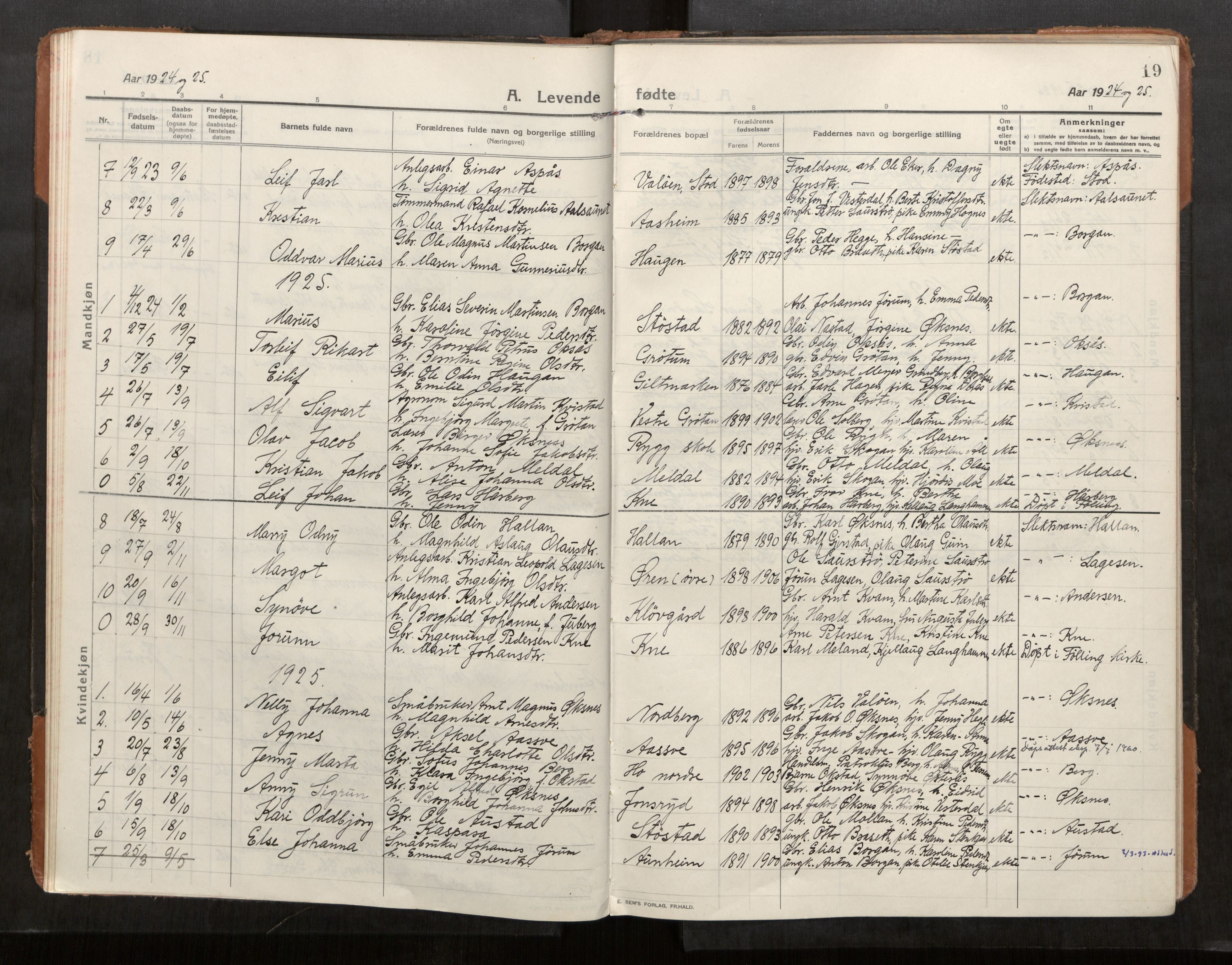 Stod sokneprestkontor, AV/SAT-A-1164/1/I/I1/I1a/L0004: Parish register (official) no. 4, 1913-1933, p. 19
