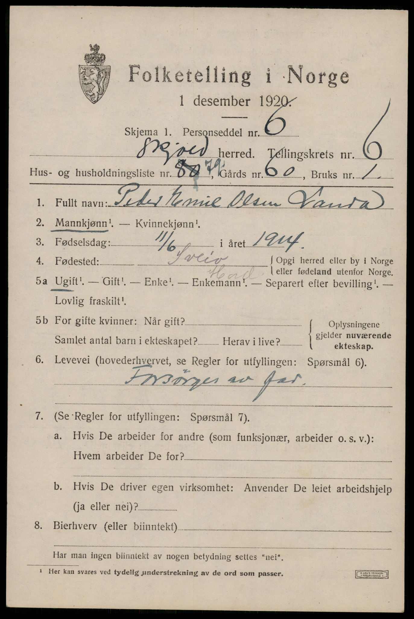 SAST, 1920 census for Skjold, 1920, p. 3880