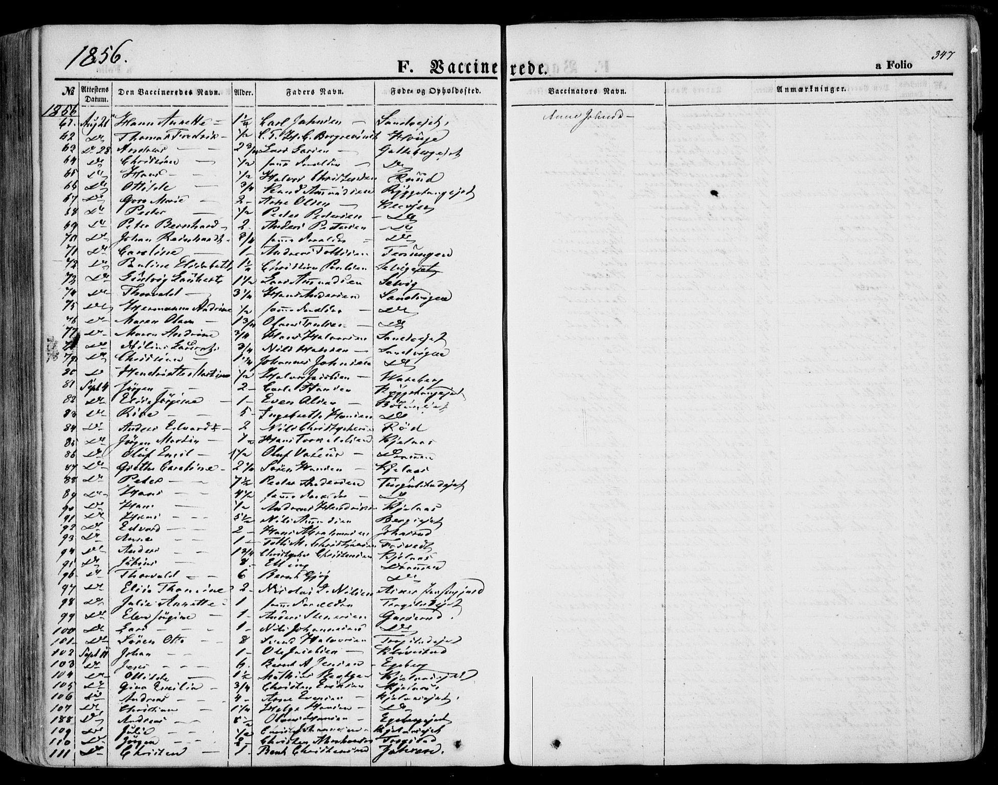 Sande Kirkebøker, AV/SAKO-A-53/F/Fa/L0004: Parish register (official) no. 4, 1847-1864, p. 347