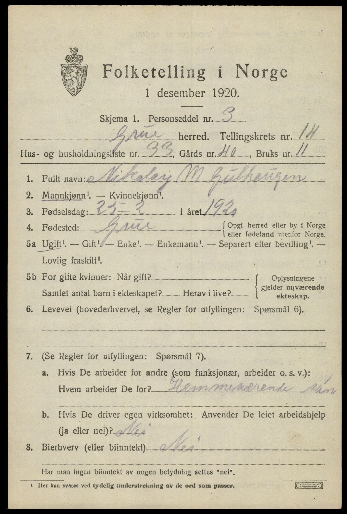 SAH, 1920 census for Grue, 1920, p. 13271