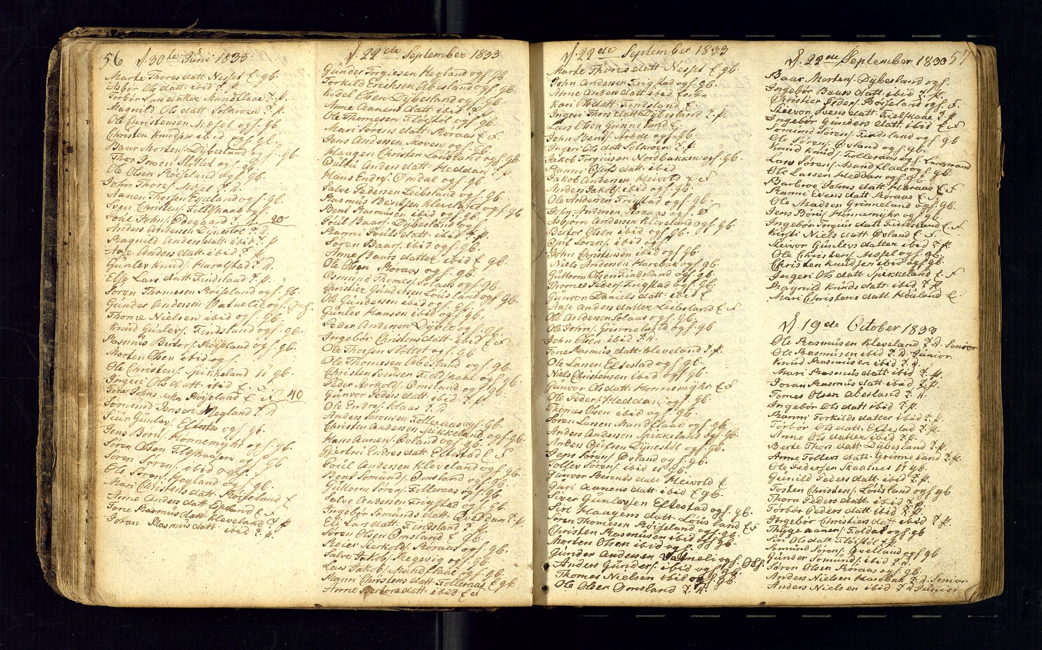 Bjelland sokneprestkontor, AV/SAK-1111-0005/F/Fc/Fcb/L0001: Communicants register no. C-1, 1827-1906, p. 56-57