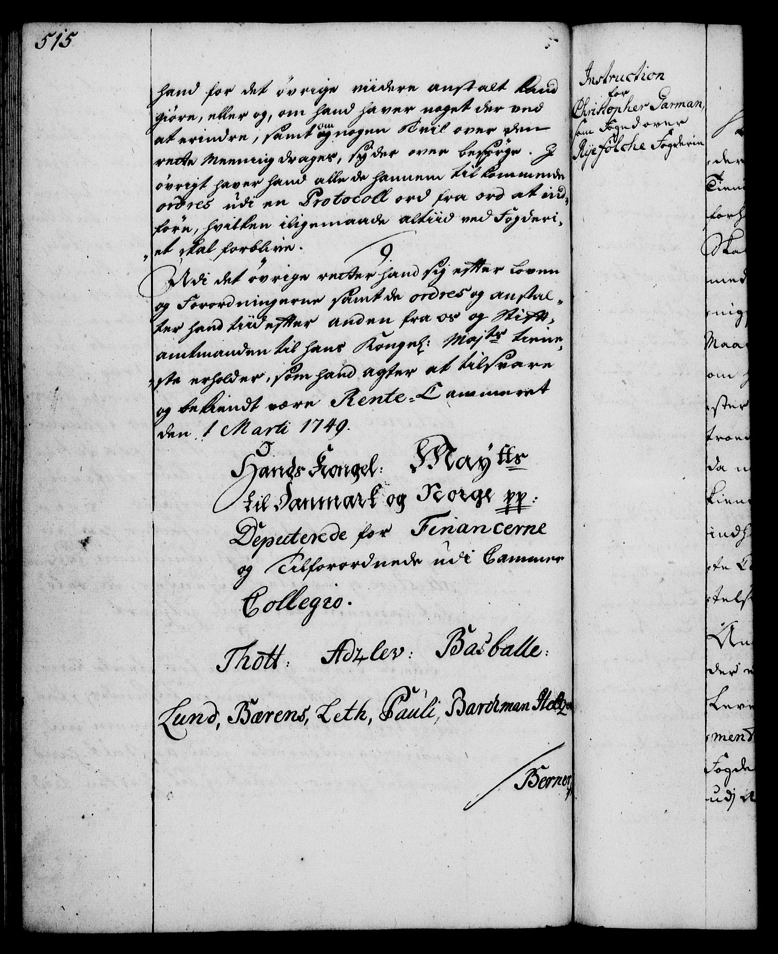 Rentekammeret, Kammerkanselliet, RA/EA-3111/G/Gg/Ggi/L0002: Norsk instruksjonsprotokoll med register (merket RK 53.35), 1729-1751, p. 515