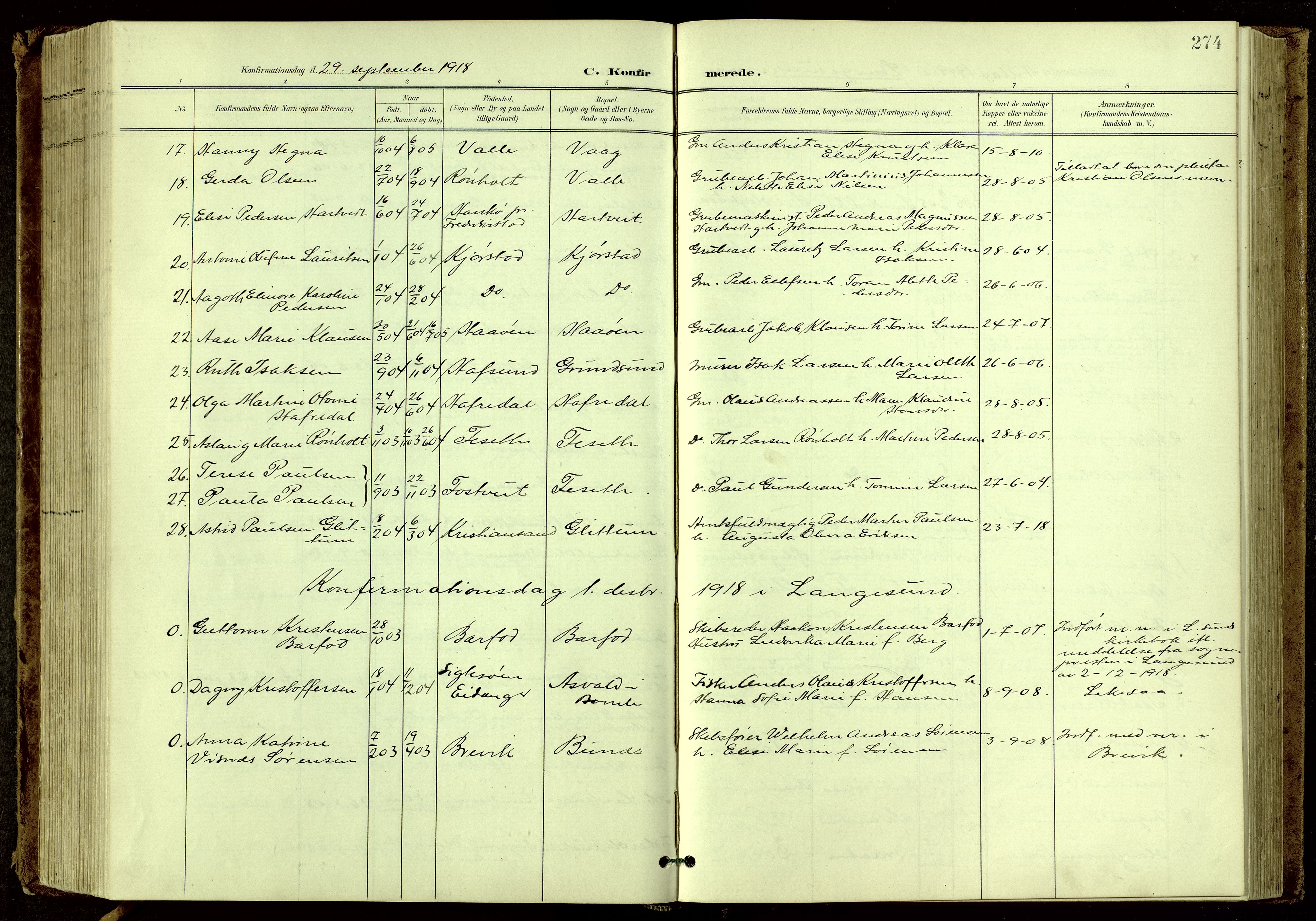 Bamble kirkebøker, SAKO/A-253/G/Ga/L0010: Parish register (copy) no. I 10, 1901-1919, p. 274