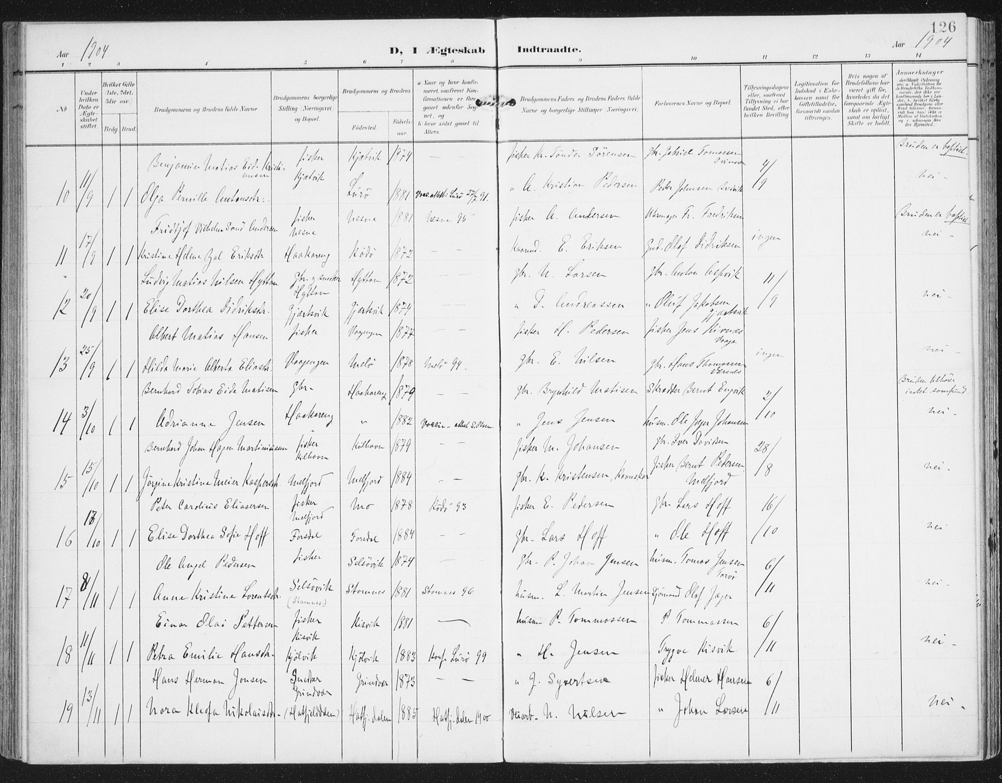 Ministerialprotokoller, klokkerbøker og fødselsregistre - Nordland, AV/SAT-A-1459/841/L0612: Parish register (official) no. 841A15, 1902-1910, p. 126