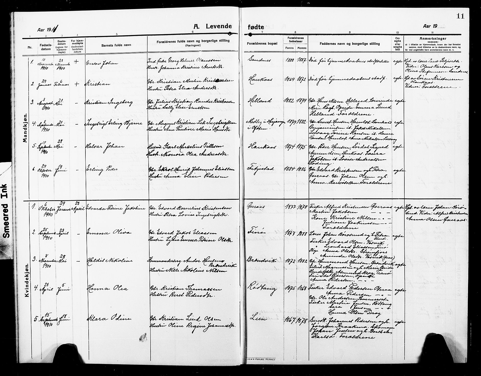 Ministerialprotokoller, klokkerbøker og fødselsregistre - Nordland, SAT/A-1459/859/L0861: Parish register (copy) no. 859C07, 1910-1925, p. 11