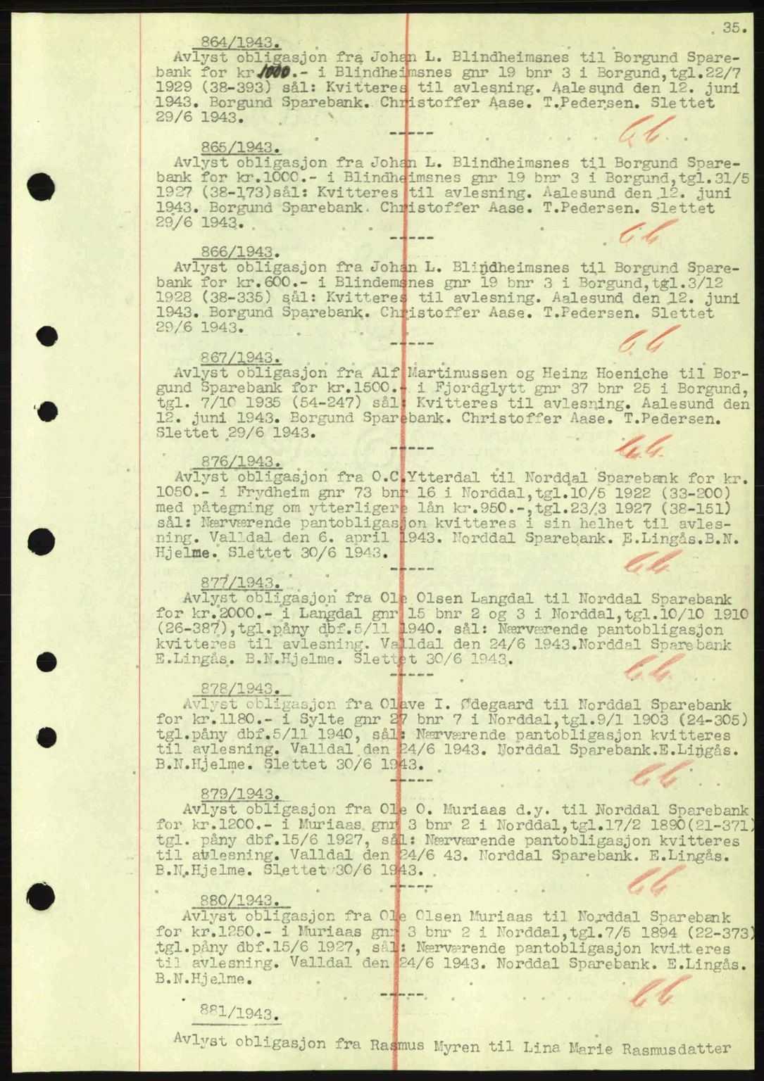 Nordre Sunnmøre sorenskriveri, SAT/A-0006/1/2/2C/2Ca: Mortgage book no. B1-6, 1938-1942, Diary no: : 864/1943