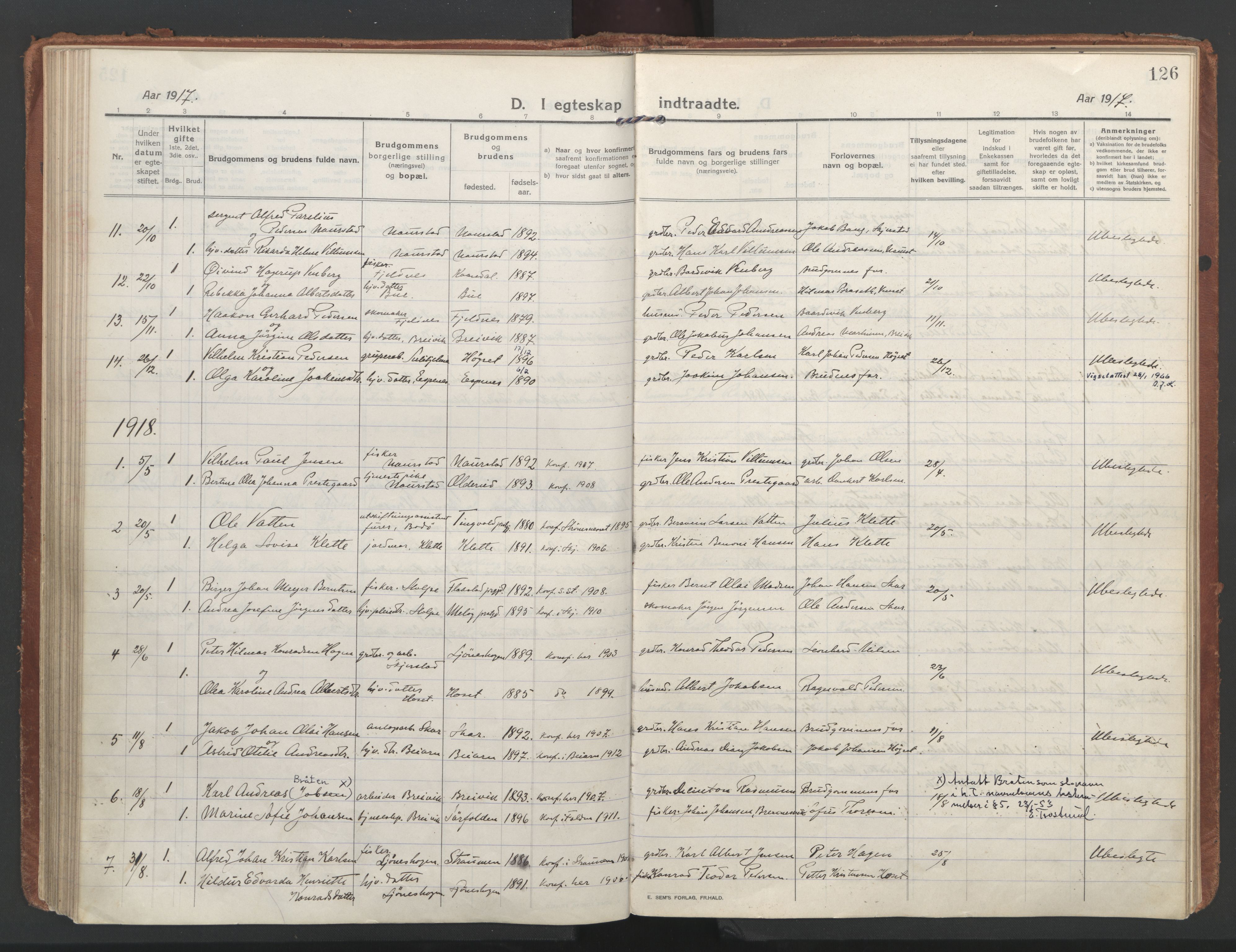 Ministerialprotokoller, klokkerbøker og fødselsregistre - Nordland, SAT/A-1459/852/L0748: Parish register (official) no. 852A18, 1913-1932, p. 126
