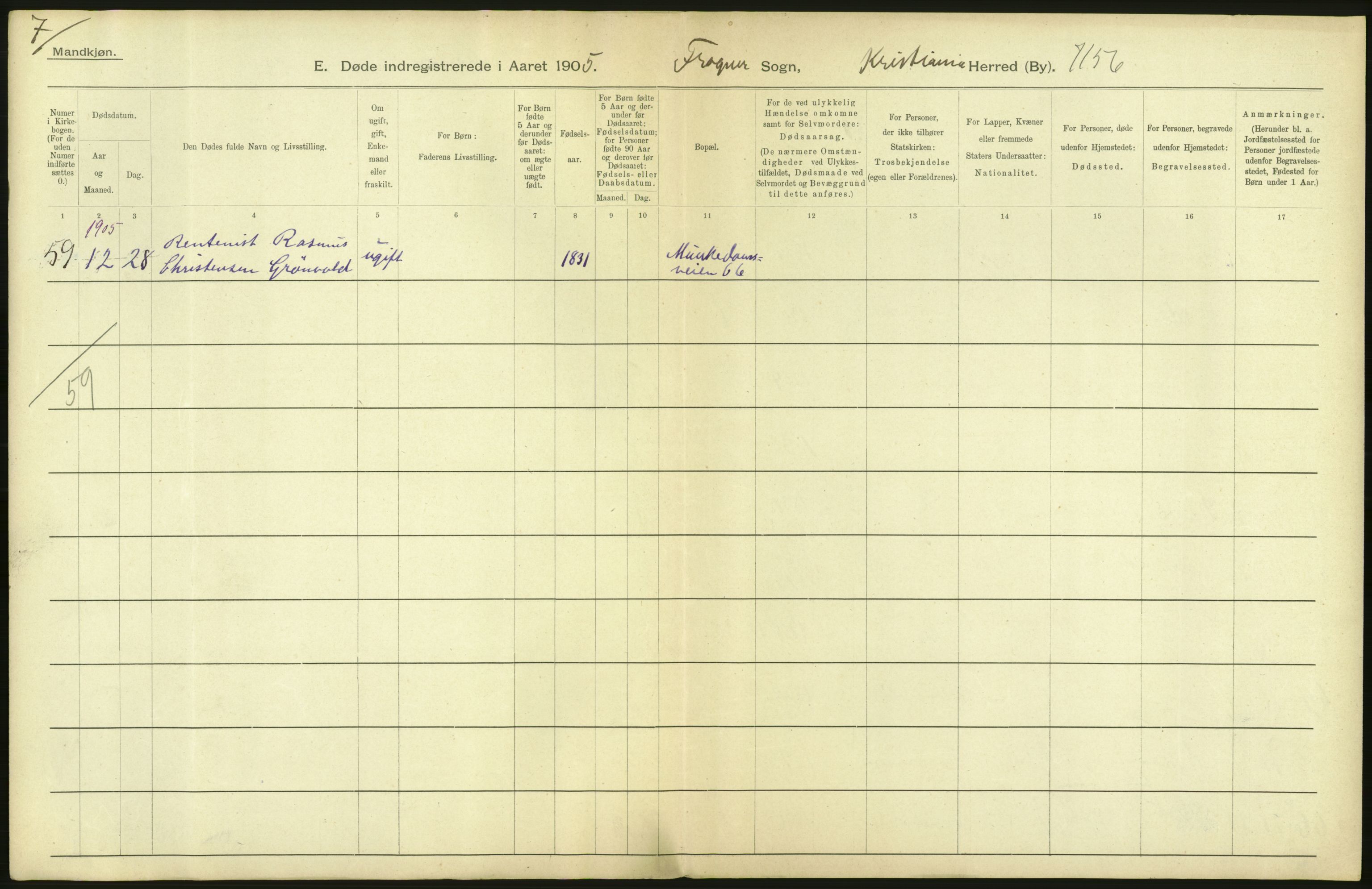 Statistisk sentralbyrå, Sosiodemografiske emner, Befolkning, AV/RA-S-2228/D/Df/Dfa/Dfac/L0007a: Kristiania: Døde, dødfødte., 1905, p. 466