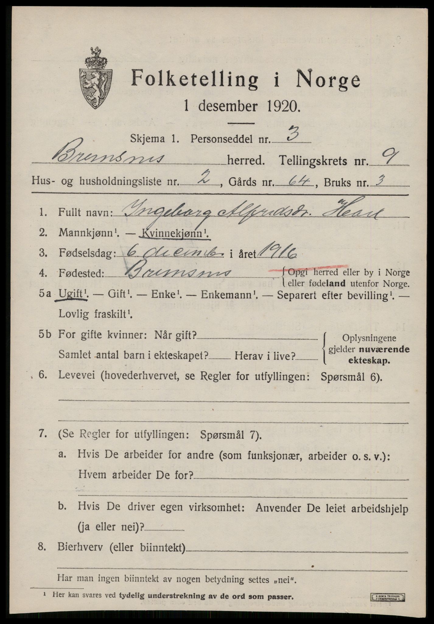 SAT, 1920 census for Bremsnes, 1920, p. 7837