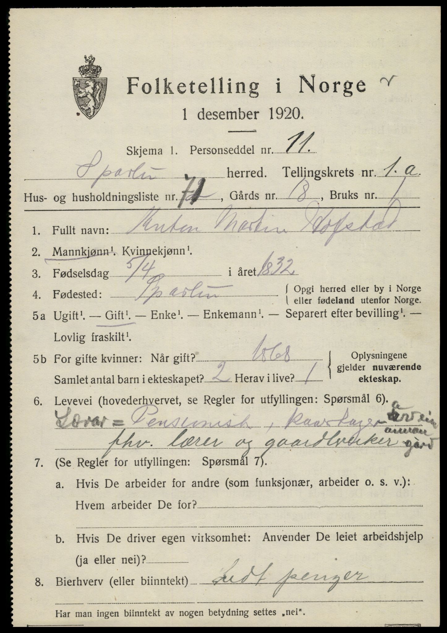 SAT, 1920 census for Sparbu, 1920, p. 1925