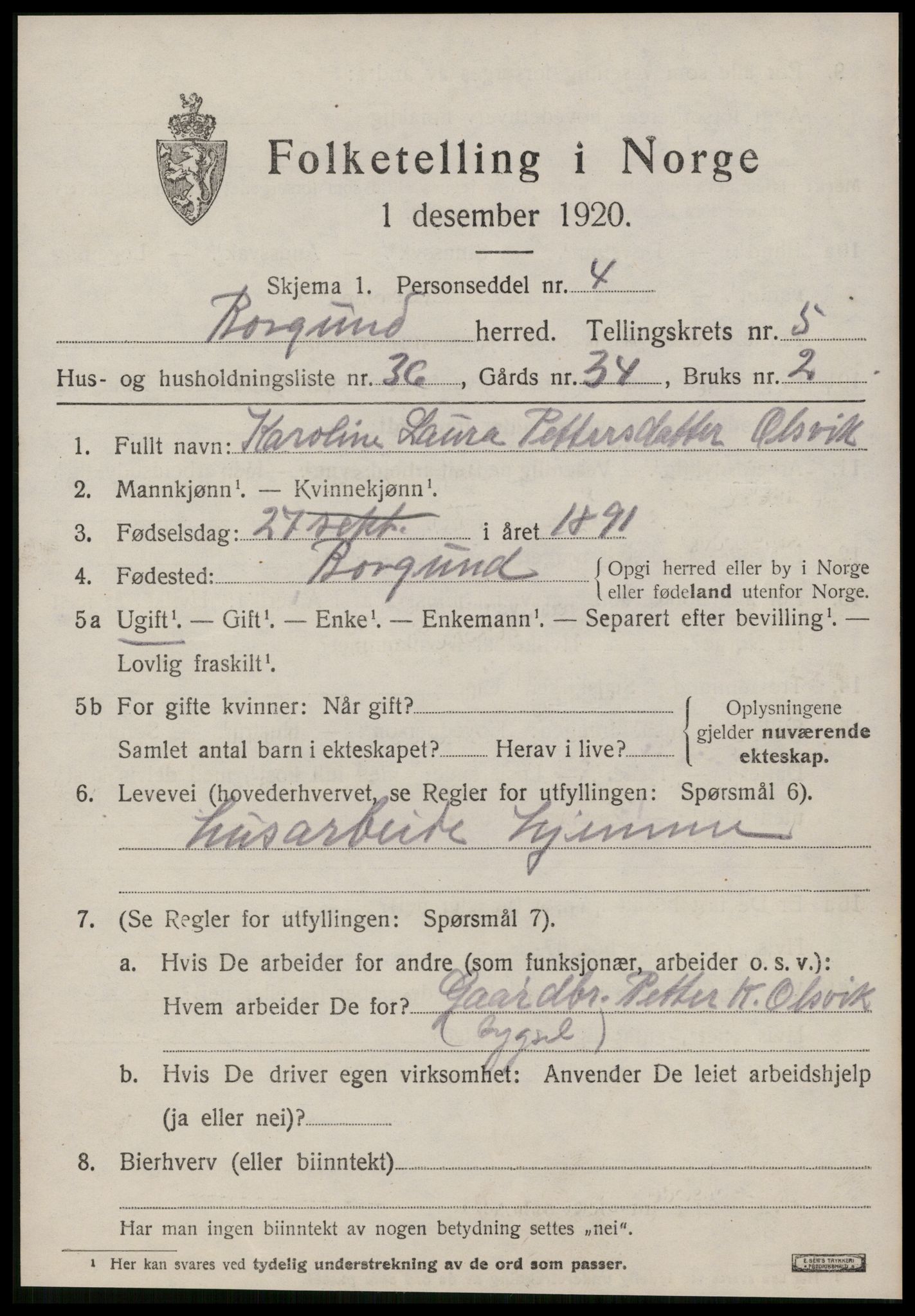 SAT, 1920 census for Borgund, 1920, p. 4986