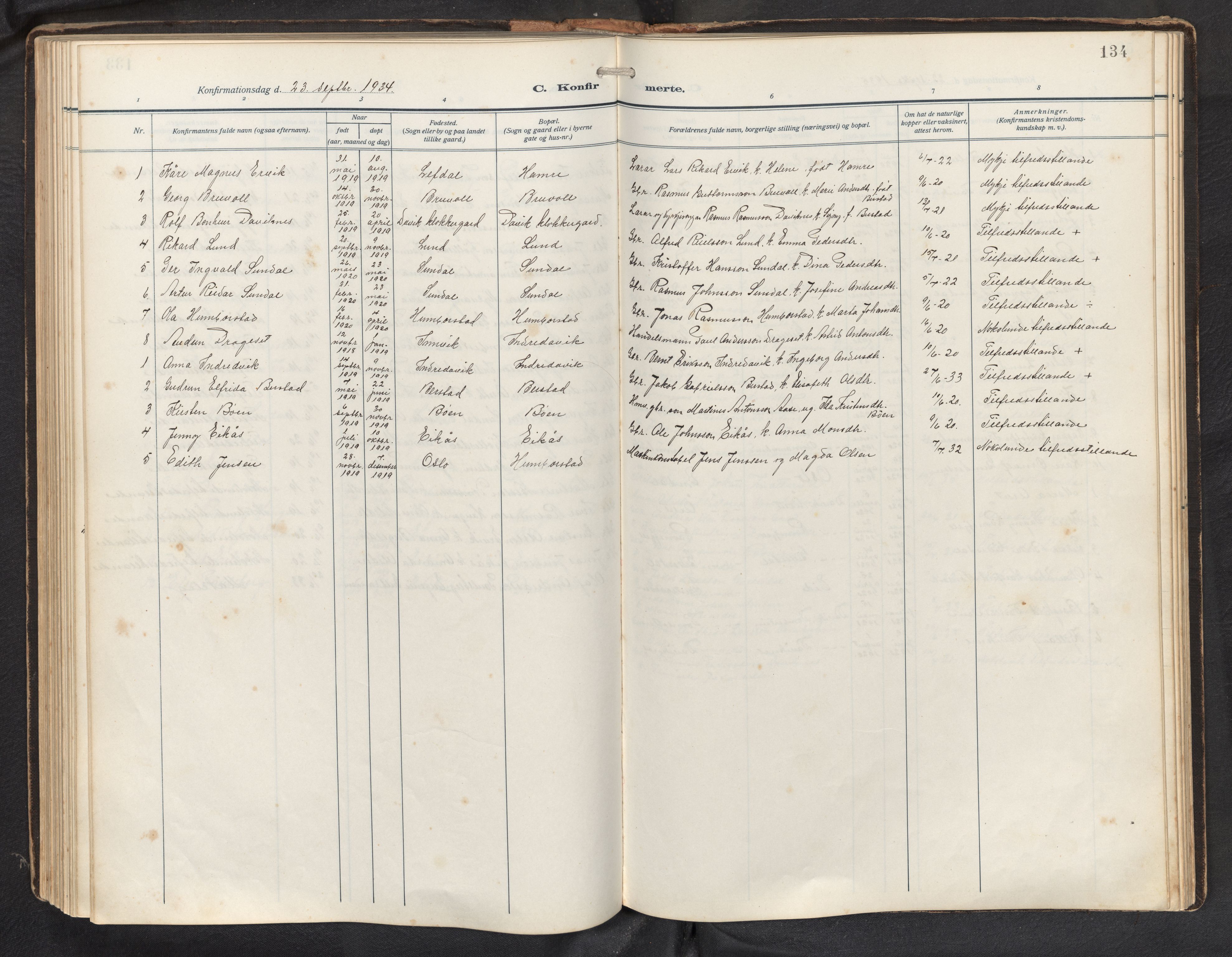 Davik sokneprestembete, AV/SAB-A-79701/H/Hab/Haba/L0003: Parish register (copy) no. A 3, 1912-1947, p. 133b-134a