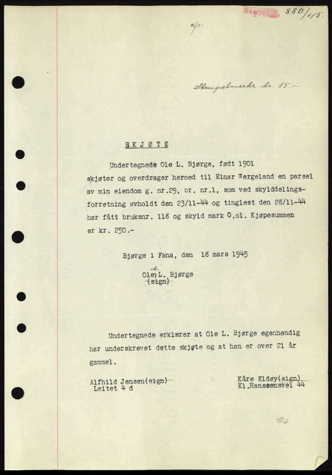 Midhordland sorenskriveri, AV/SAB-A-3001/1/G/Gb/Gbj/L0019: Mortgage book no. A37-38, 1944-1945, Diary no: : 880/1945