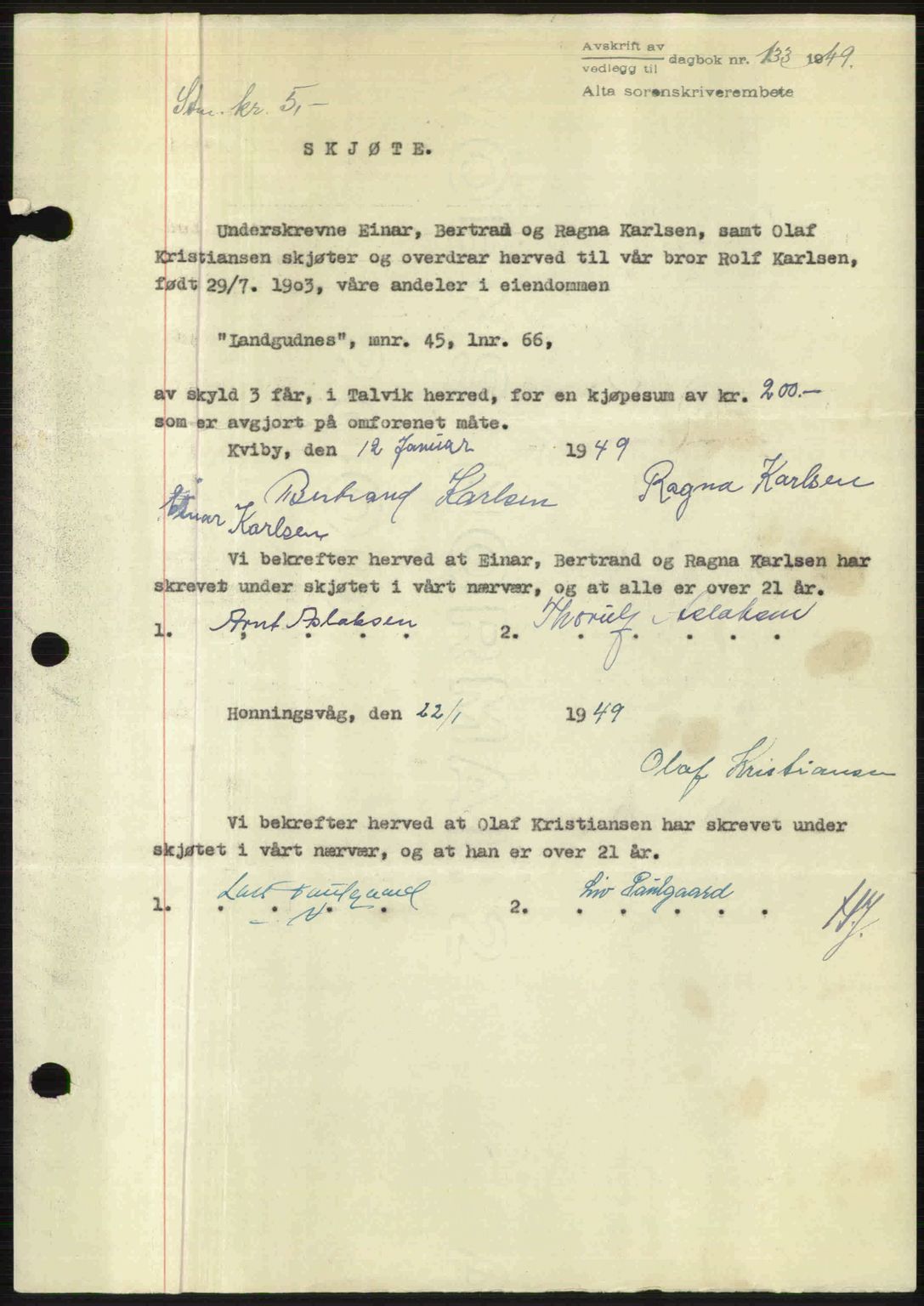 Alta fogderi/sorenskriveri, SATØ/SATØ-5/1/K/Kd/L0037pantebok: Mortgage book no. 39-40, 1948-1949, Diary no: : 133/1949