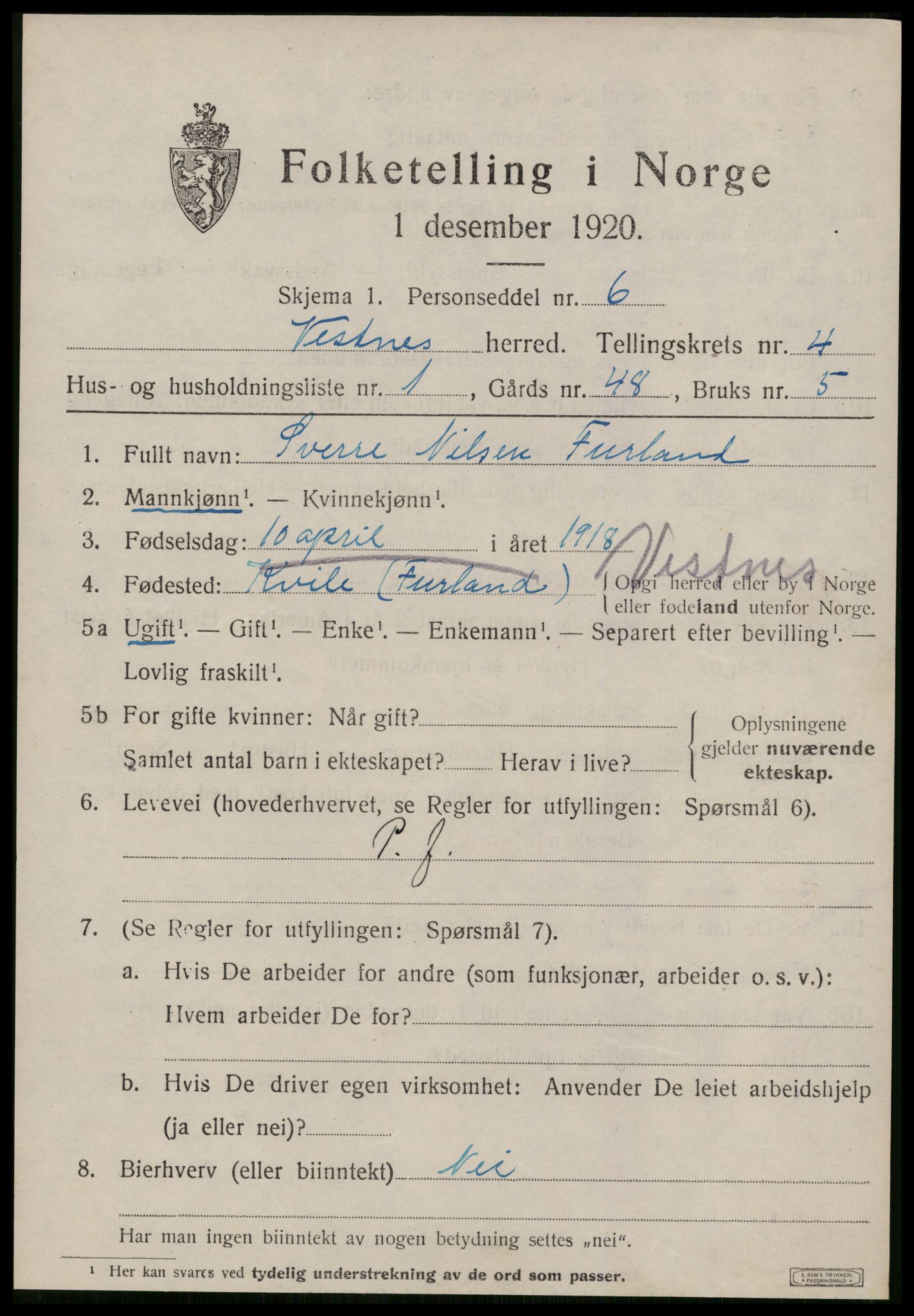 SAT, 1920 census for Vestnes, 1920, p. 3411