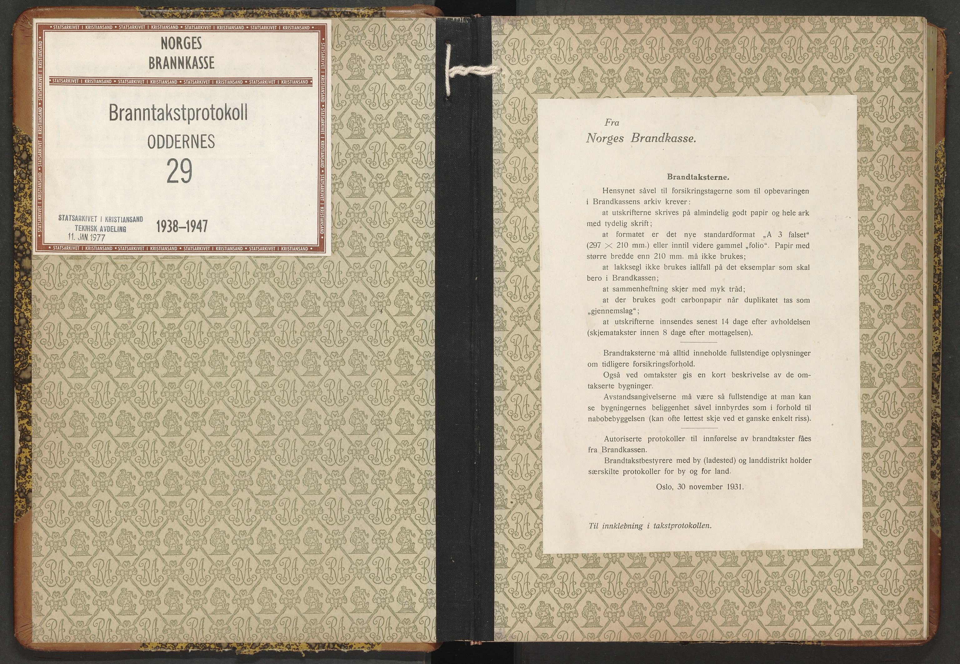 Norges Brannkasse Oddernes, AV/SAK-2241-0042/F/Fa/L0029: Branntakstprotokoll nr. 29, 1938-1947