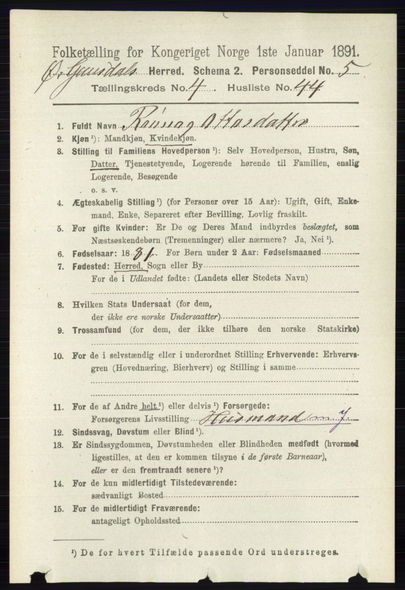 RA, 1891 census for 0522 Østre Gausdal, 1891, p. 2796