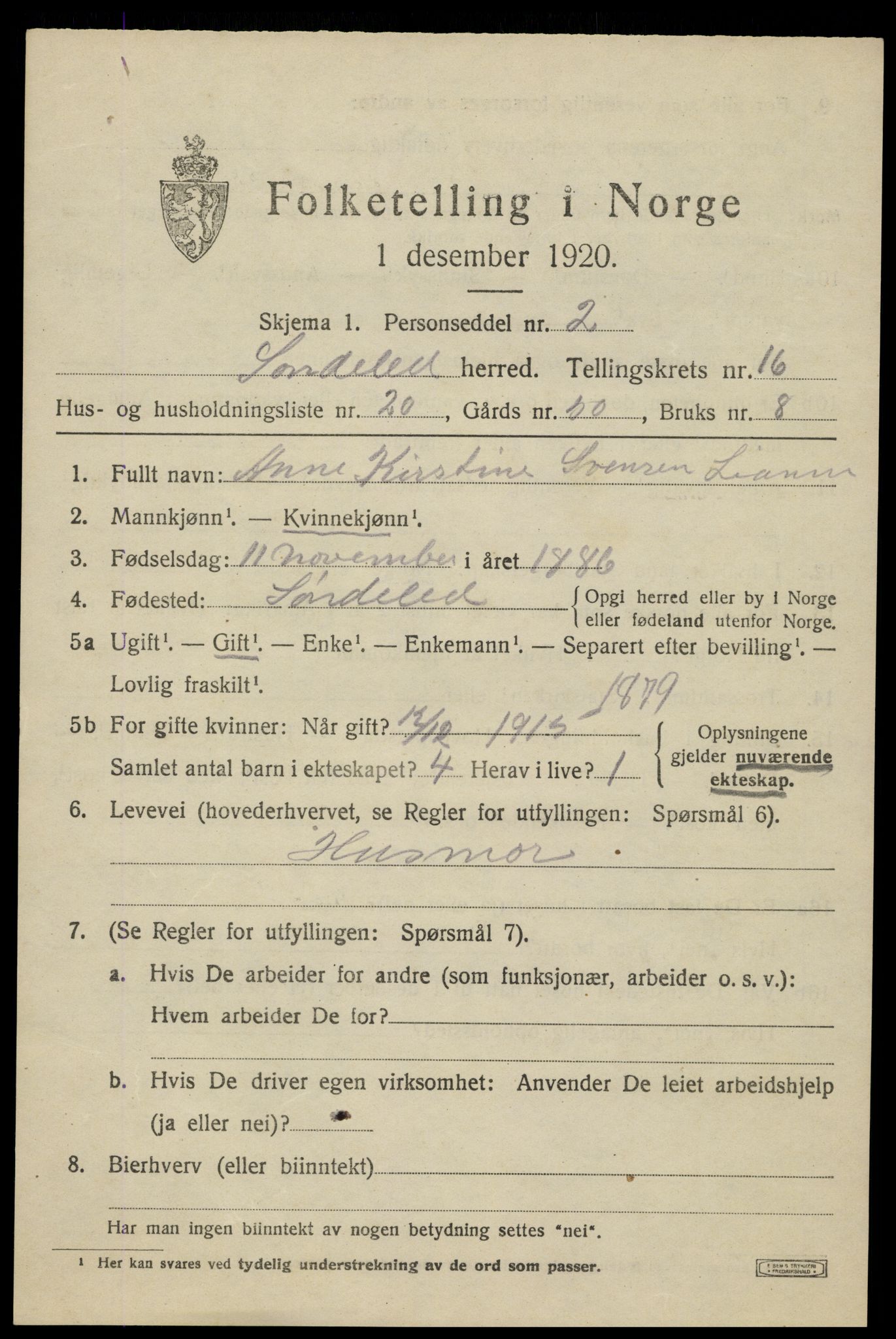 SAK, 1920 census for Søndeled, 1920, p. 7303