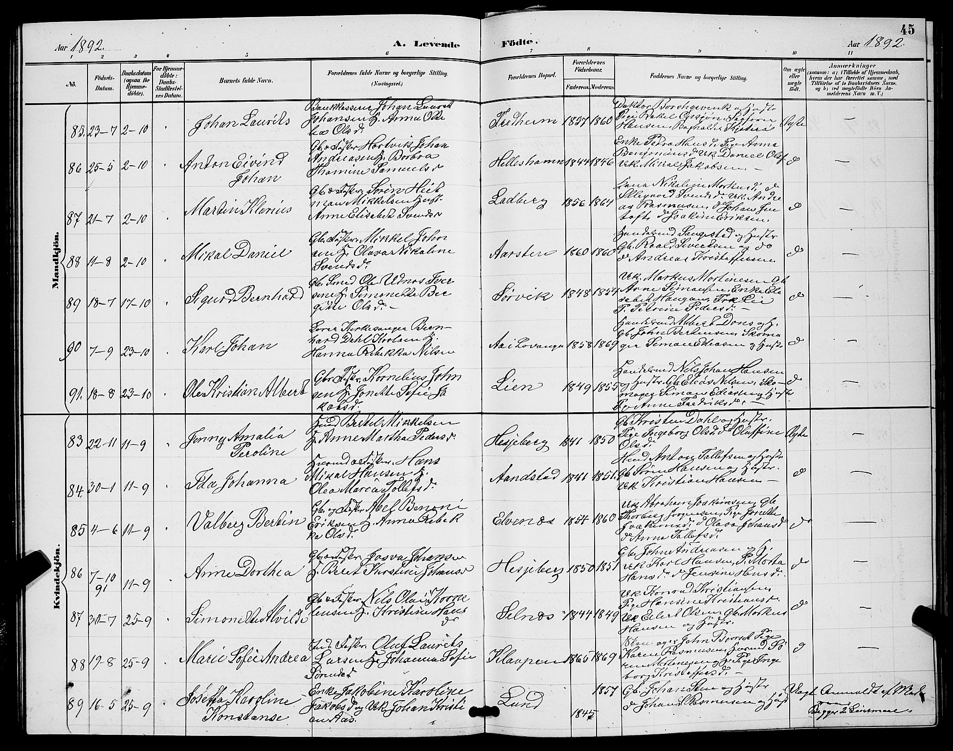 Ibestad sokneprestembete, AV/SATØ-S-0077/H/Ha/Hab/L0008klokker: Parish register (copy) no. 8, 1890-1903, p. 45