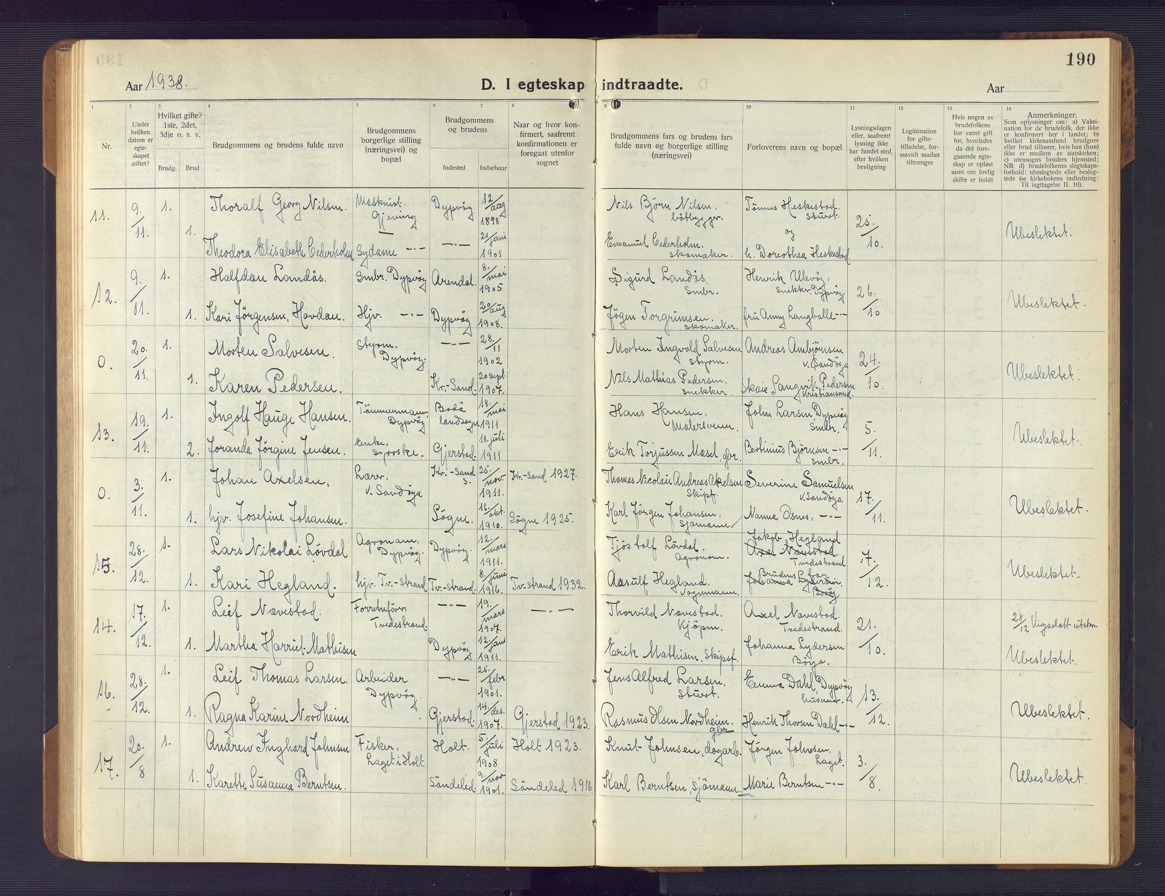 Dypvåg sokneprestkontor, AV/SAK-1111-0007/F/Fb/Fba/L0015: Parish register (copy) no. B 15, 1922-1949, p. 190