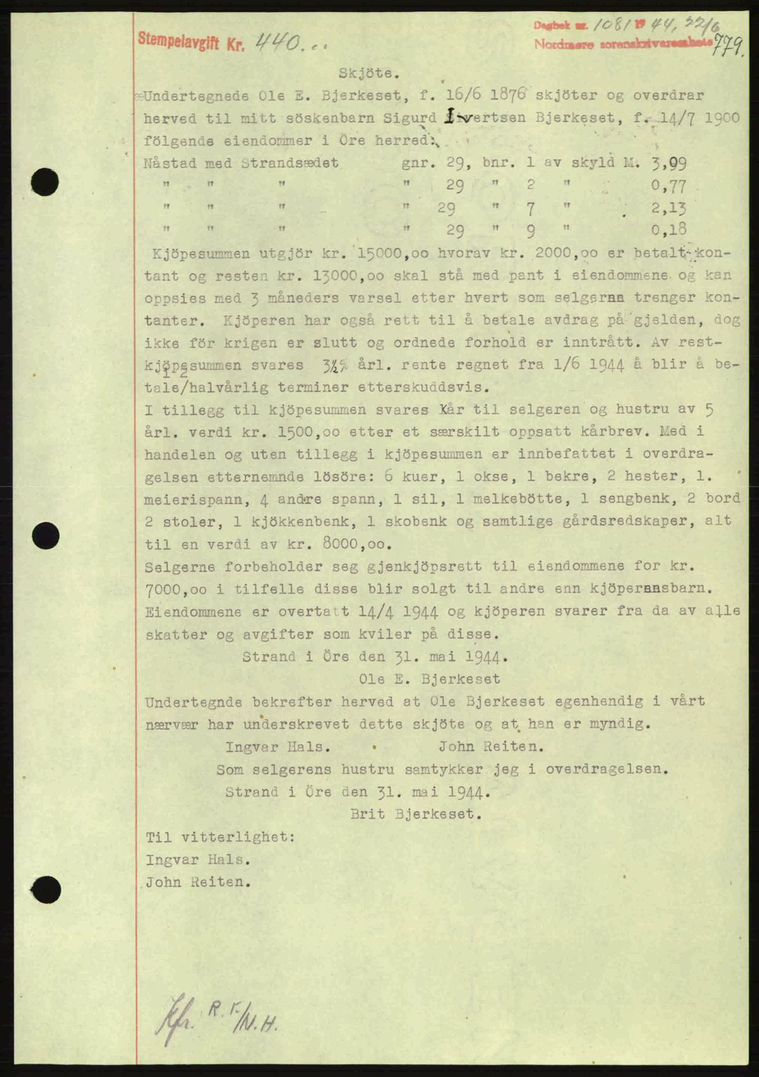 Nordmøre sorenskriveri, AV/SAT-A-4132/1/2/2Ca: Mortgage book no. A97, 1944-1944, Diary no: : 1081/1944