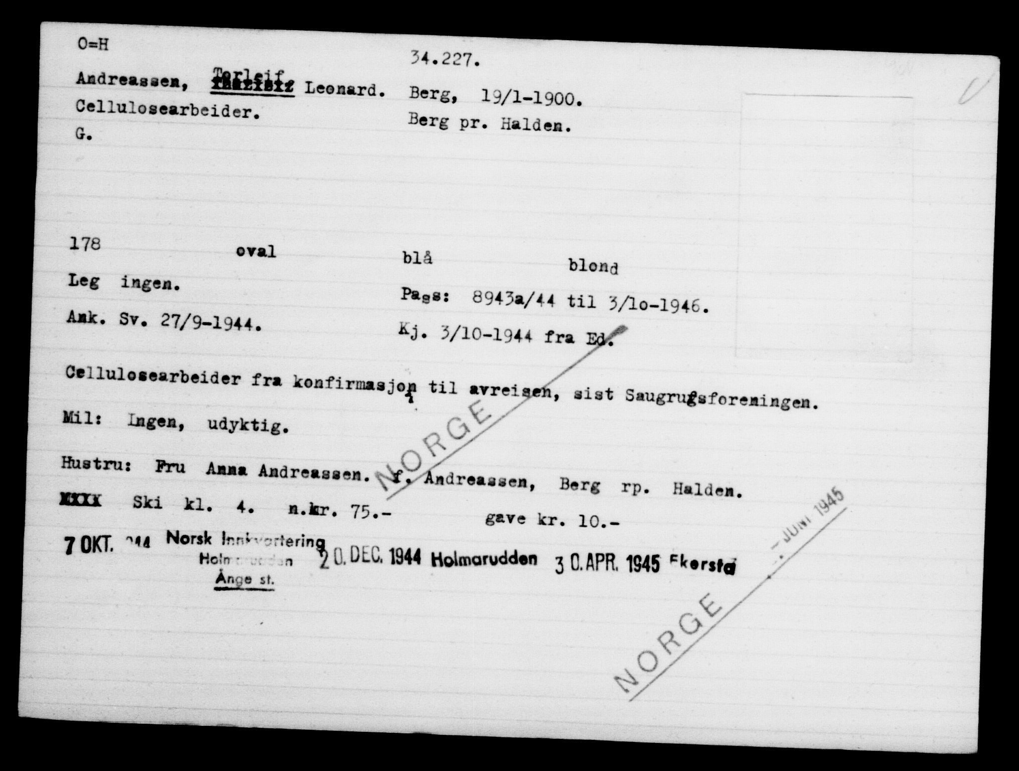 Utenriksstasjonene, Legasjonen i Stockholm, Flyktningkontoret, AV/RA-S-6753/V/Va/L0013: Kjesäterkartoteket, flyktninger med registreringsnr. 31500-34731, 1940-1945, p. 2878