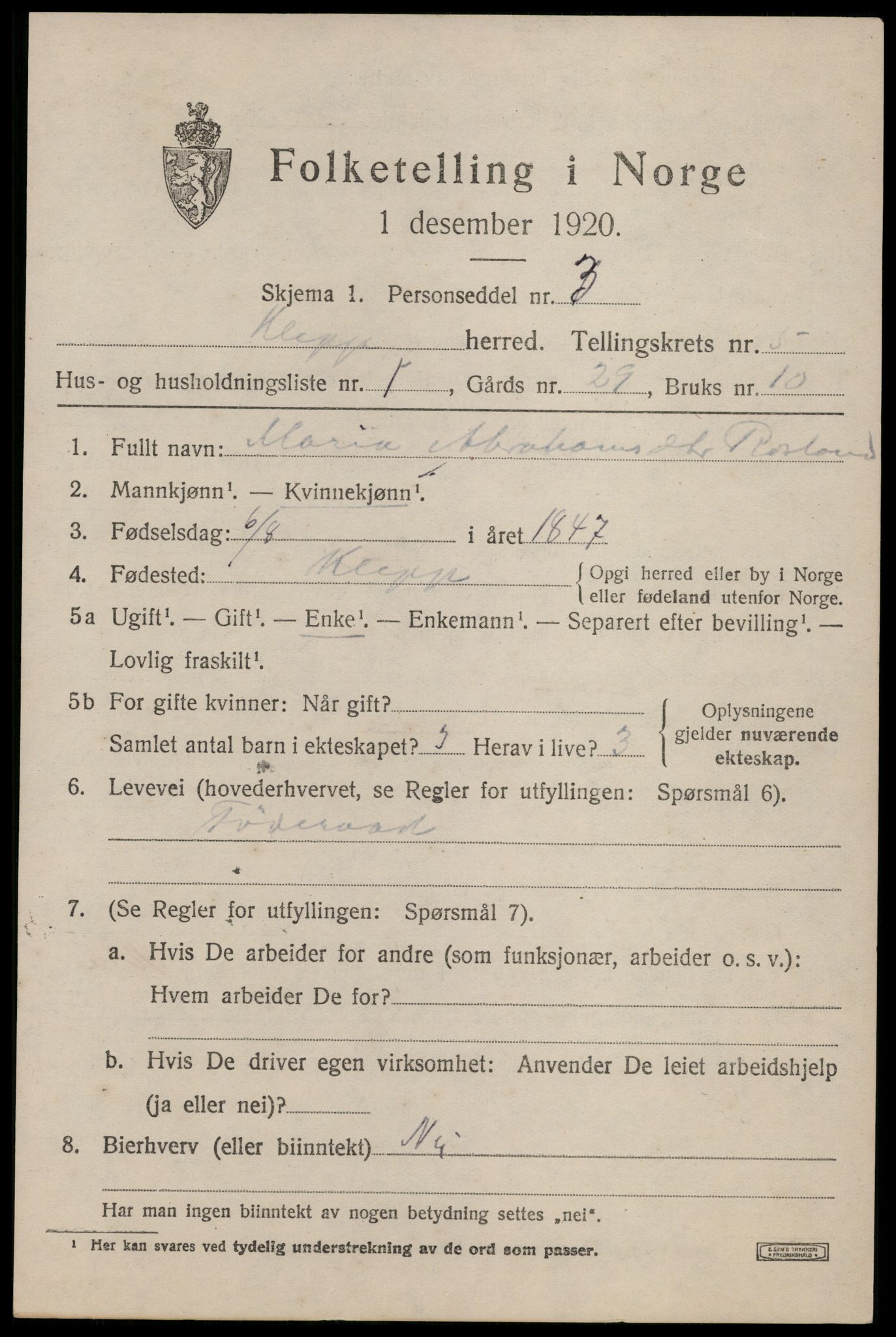 SAST, 1920 census for Klepp, 1920, p. 5354