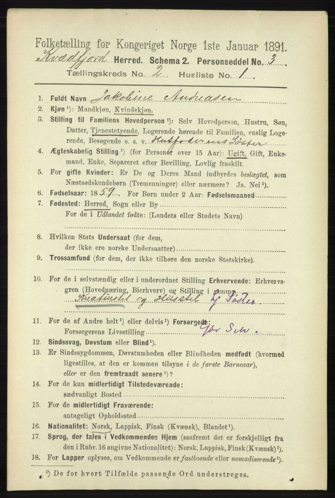 RA, 1891 census for 1911 Kvæfjord, 1891, p. 716