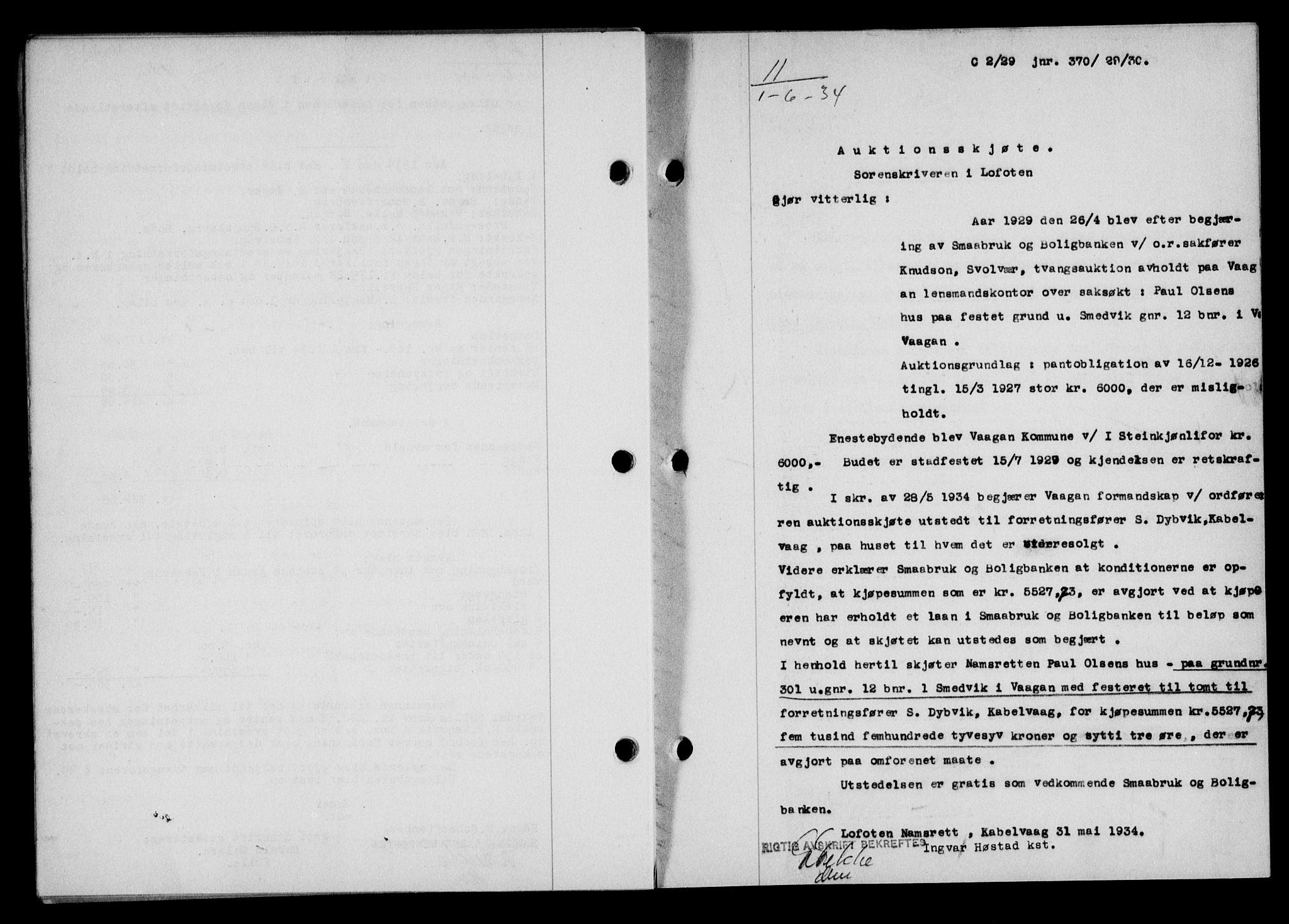 Lofoten sorenskriveri, SAT/A-0017/1/2/2C/L0029b: Mortgage book no. 29b, 1934-1934, Deed date: 01.06.1934