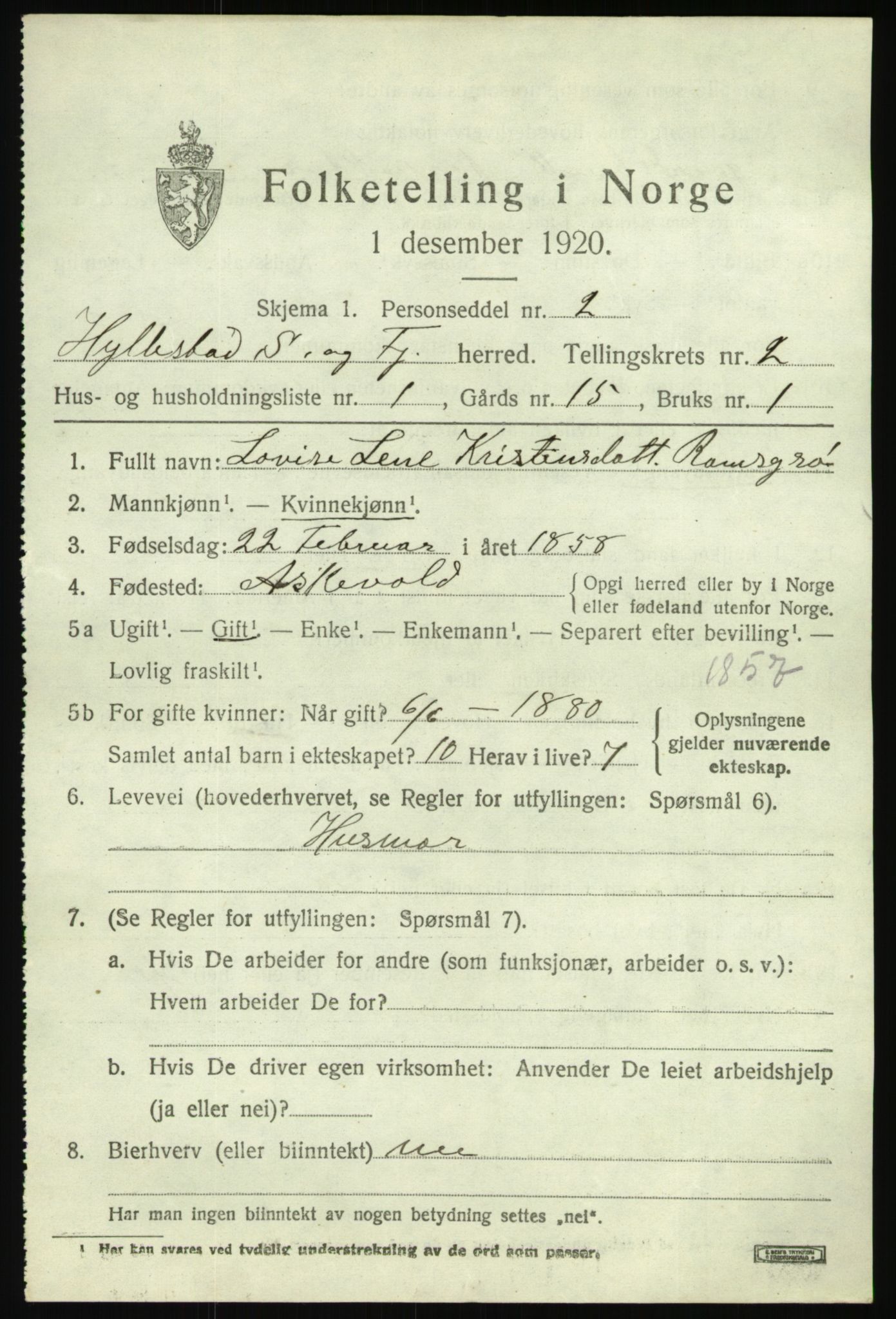 SAB, 1920 census for Hyllestad, 1920, p. 1380